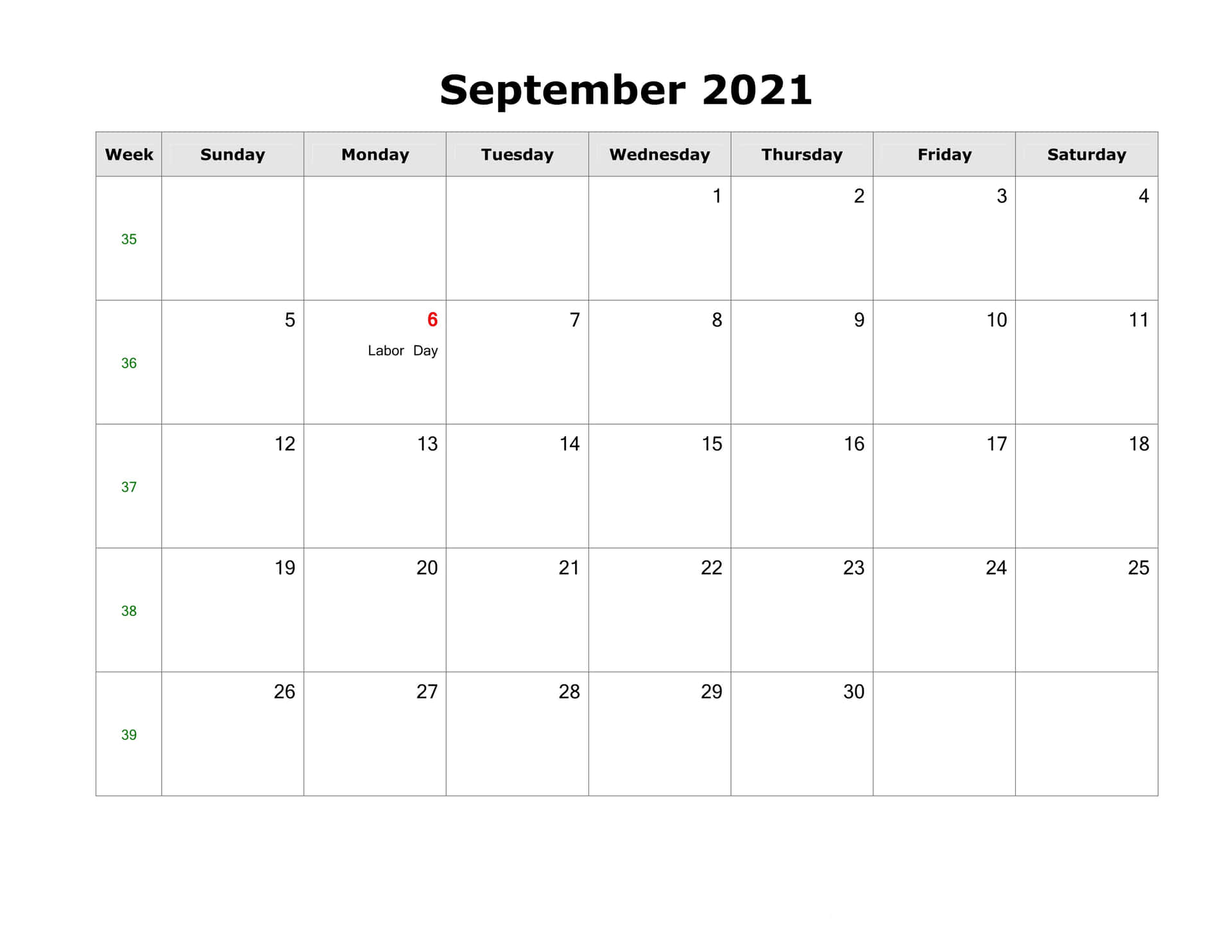 2021年9月日曆，勞動節在6日星期一以紅色突出顯示。