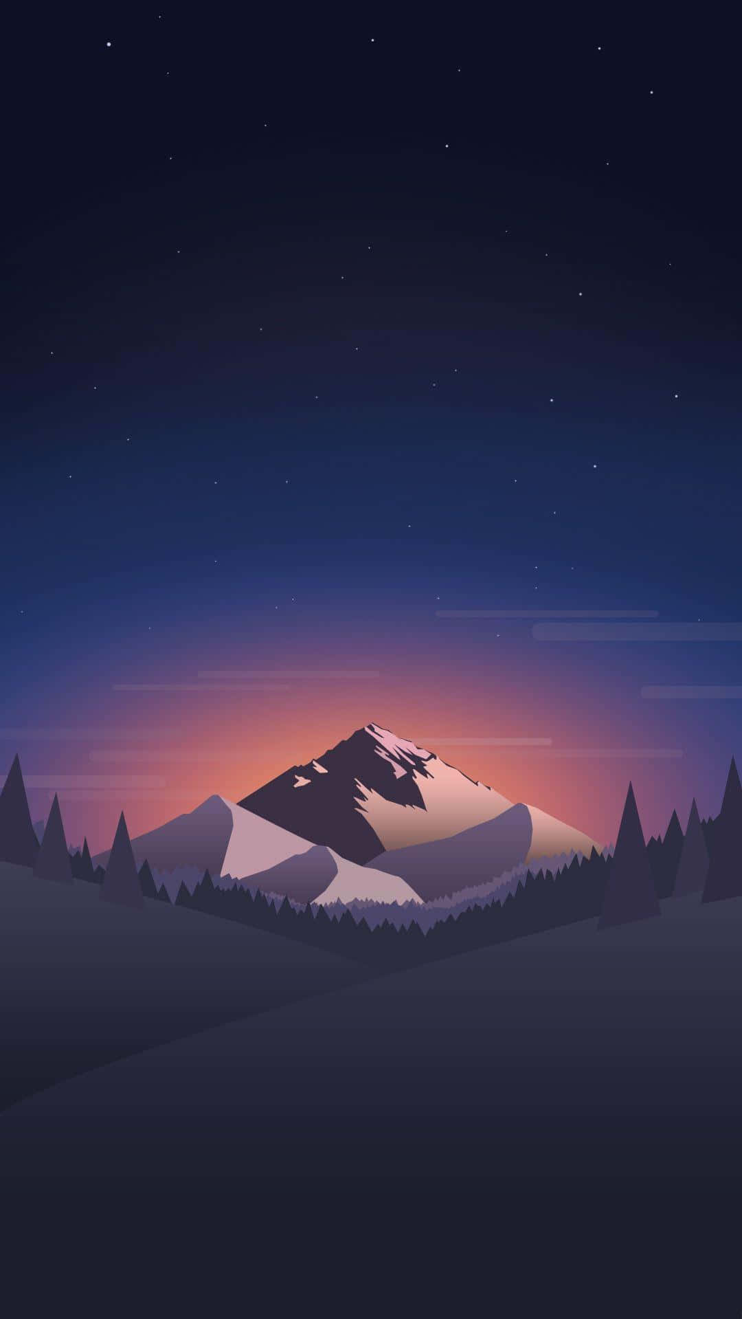 暮色中積雪的山峰，在紫色和粉紅色的星空下。