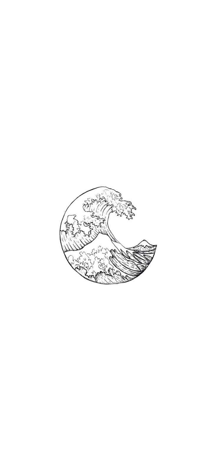 簡約時尚的白色背景 壁紙 — 極簡黑白線條繪畫，描繪風格化的海浪捲曲成新月形狀。