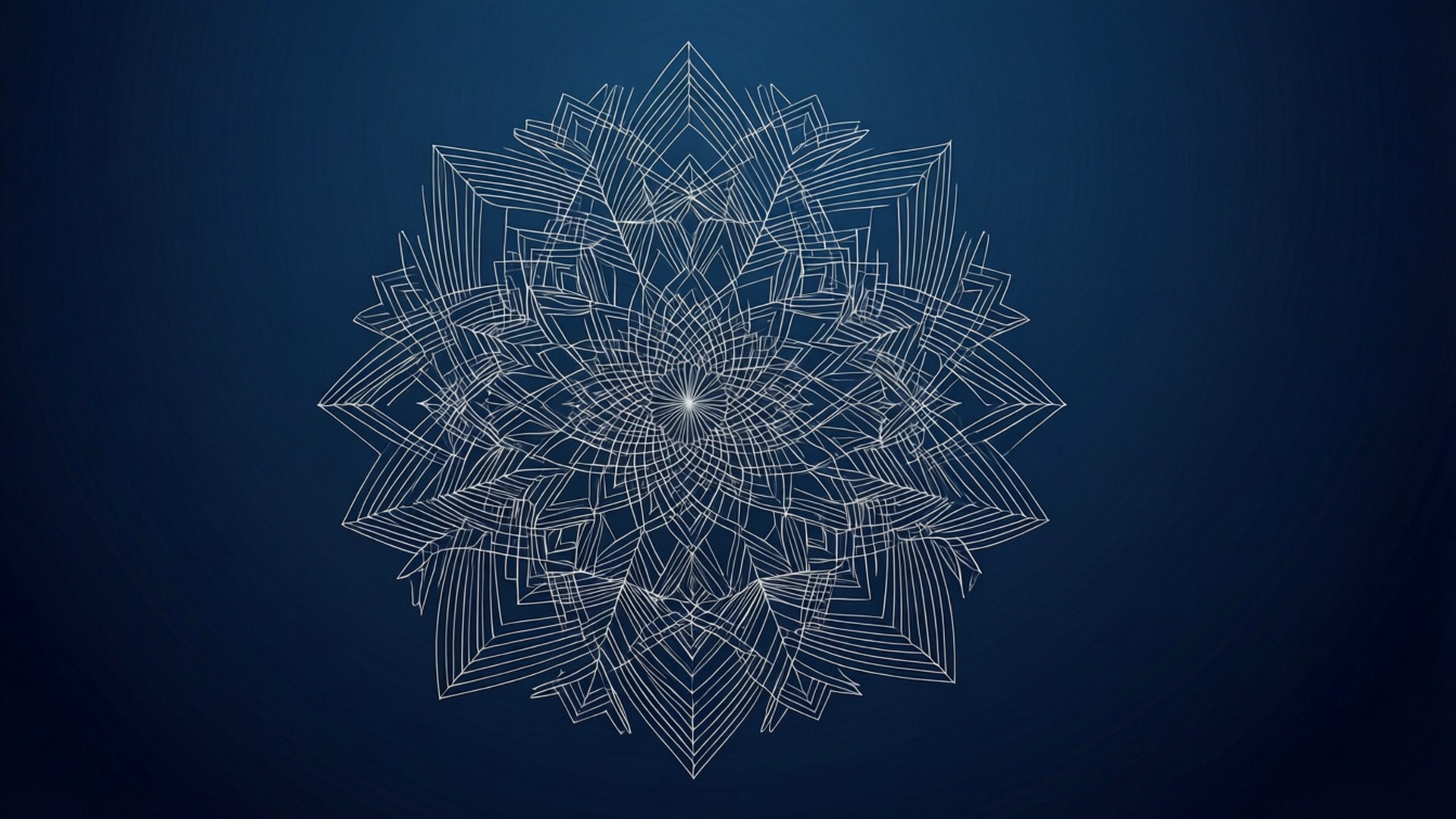 一個白色幾何曼陀羅，中央有星爆，位於藍色漸變背景上。