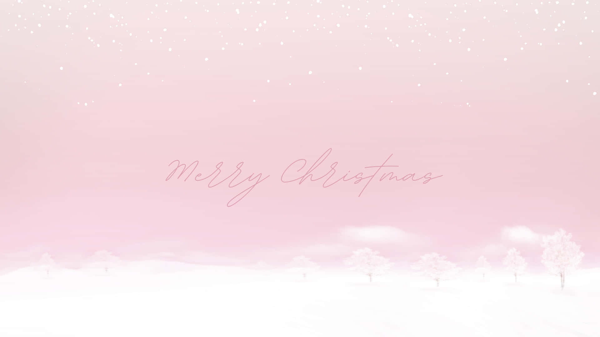 簡約柔粉聖誕字體藝術 壁紙 — 柔和粉紅色的冬日場景，白雪覆蓋的樹木和飄落的雪花，溫柔的天空中央有「Merry Christmas」字樣。