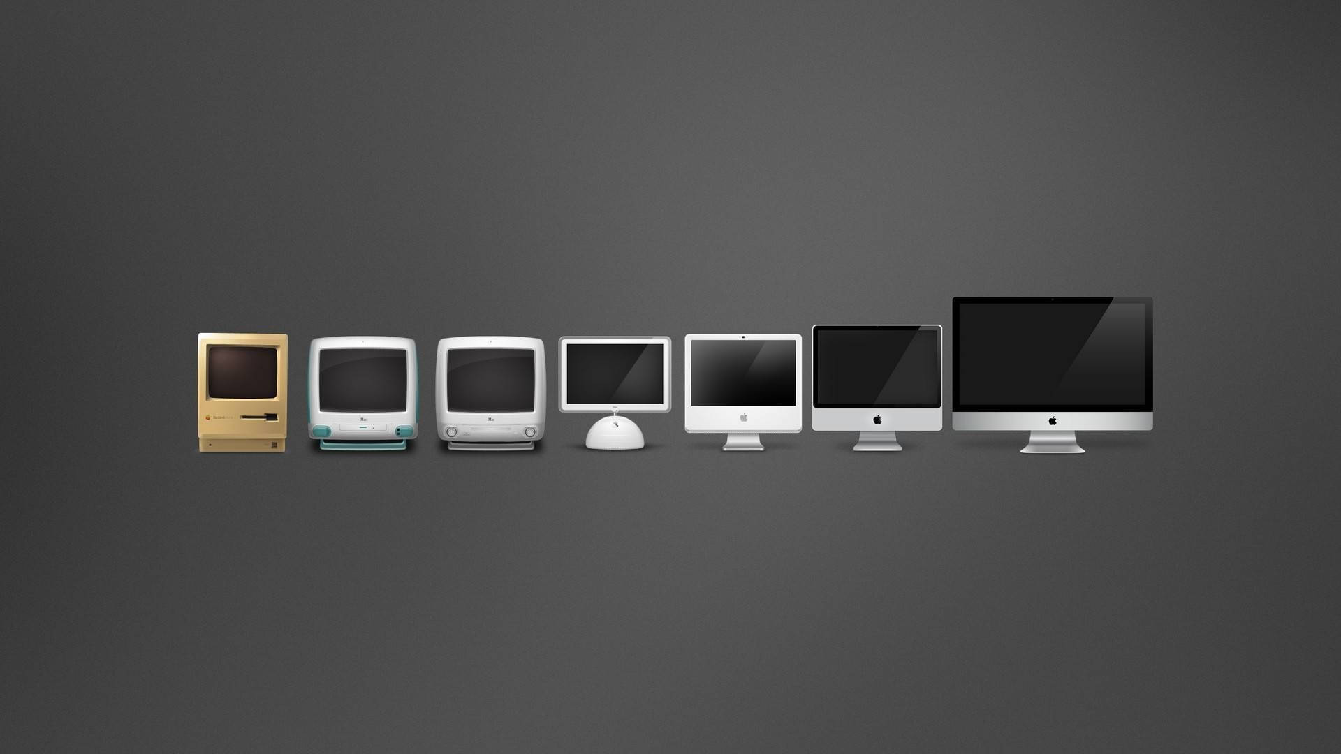 簡約桌面蘋果演變 壁紙 — 一排七部從復古到現代的 Apple iMac 和 Macintosh 電腦，在深灰色背景上展示。