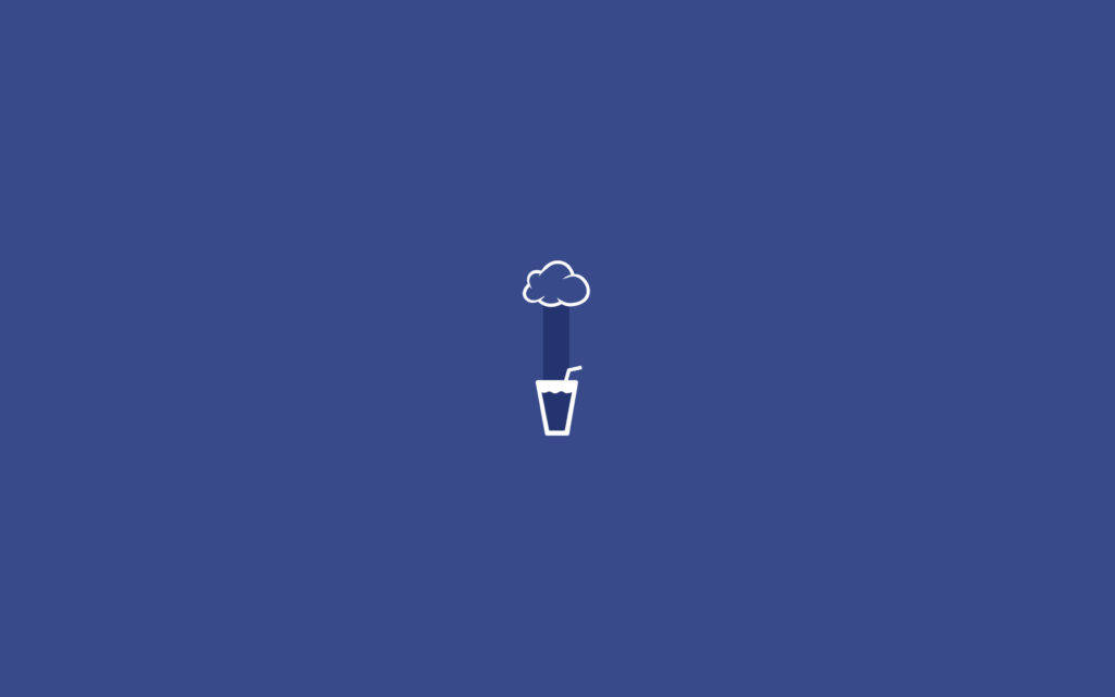 簡約桌面雨滴入杯 壁紙 — 一個簡約的白色線條飲品圖案，中央有一個雲朵形狀的蓋子，置於純藍色背景上。