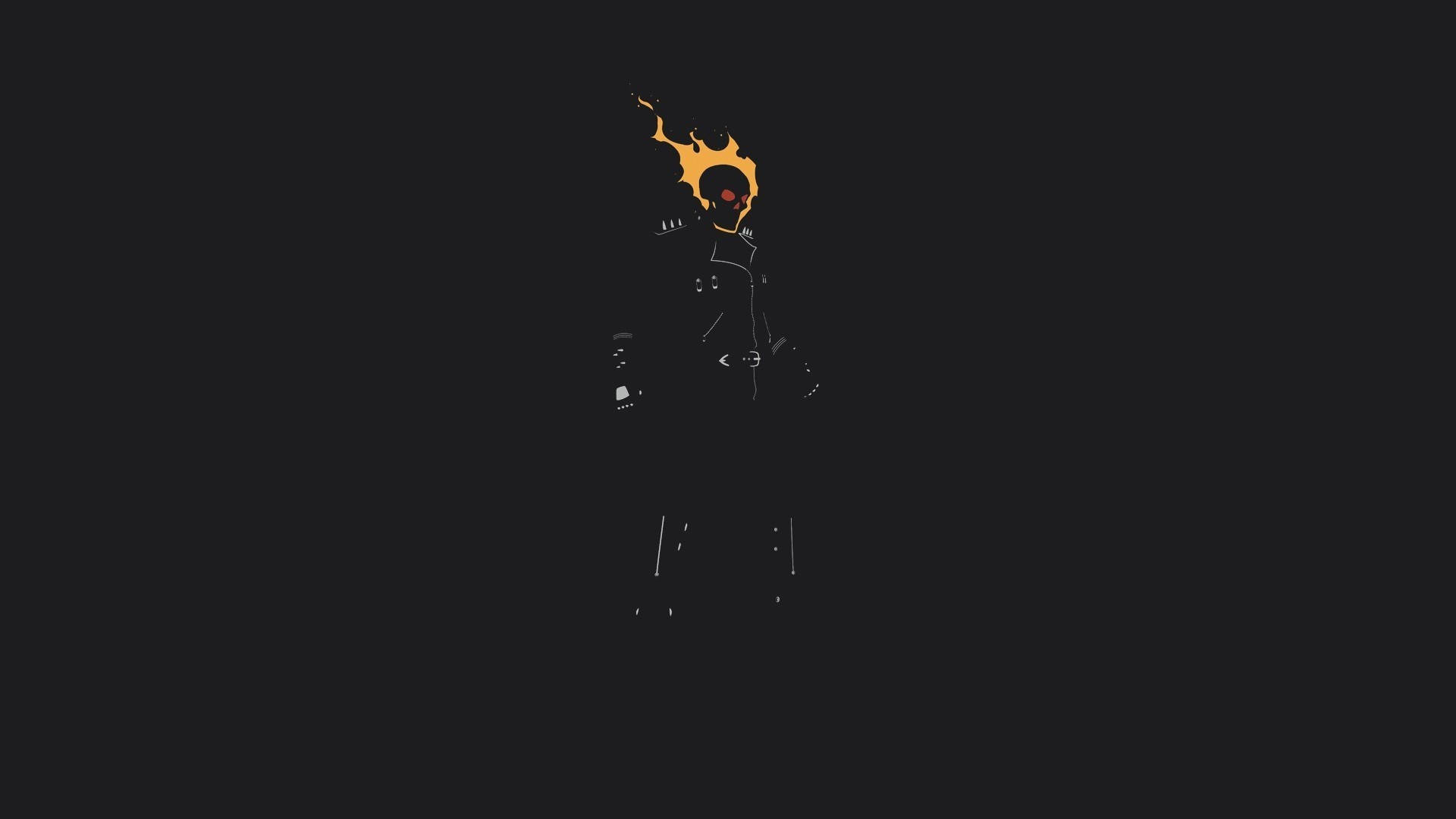 簡約桌面鬼 rider 壁紙 — 一個帶有火焰骷髏頭的極簡剪影人物站在深色背景前。