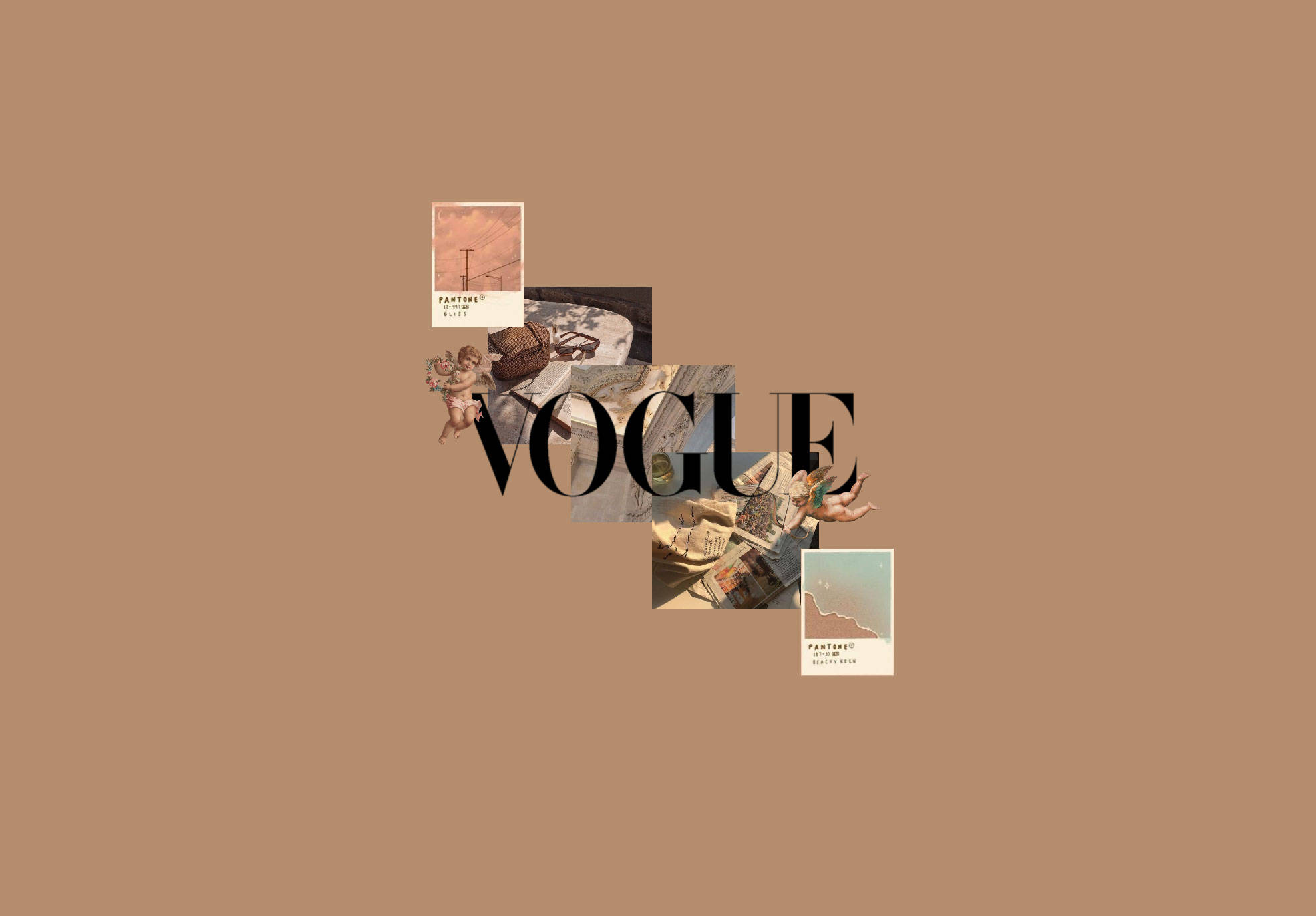 簡約棕色小天使 壁紙 — 在溫暖的灰褐色背景上，以粗體的Vogue標誌為中心，排列著復古Vogue雜誌剪報和插圖的極簡拼貼畫。