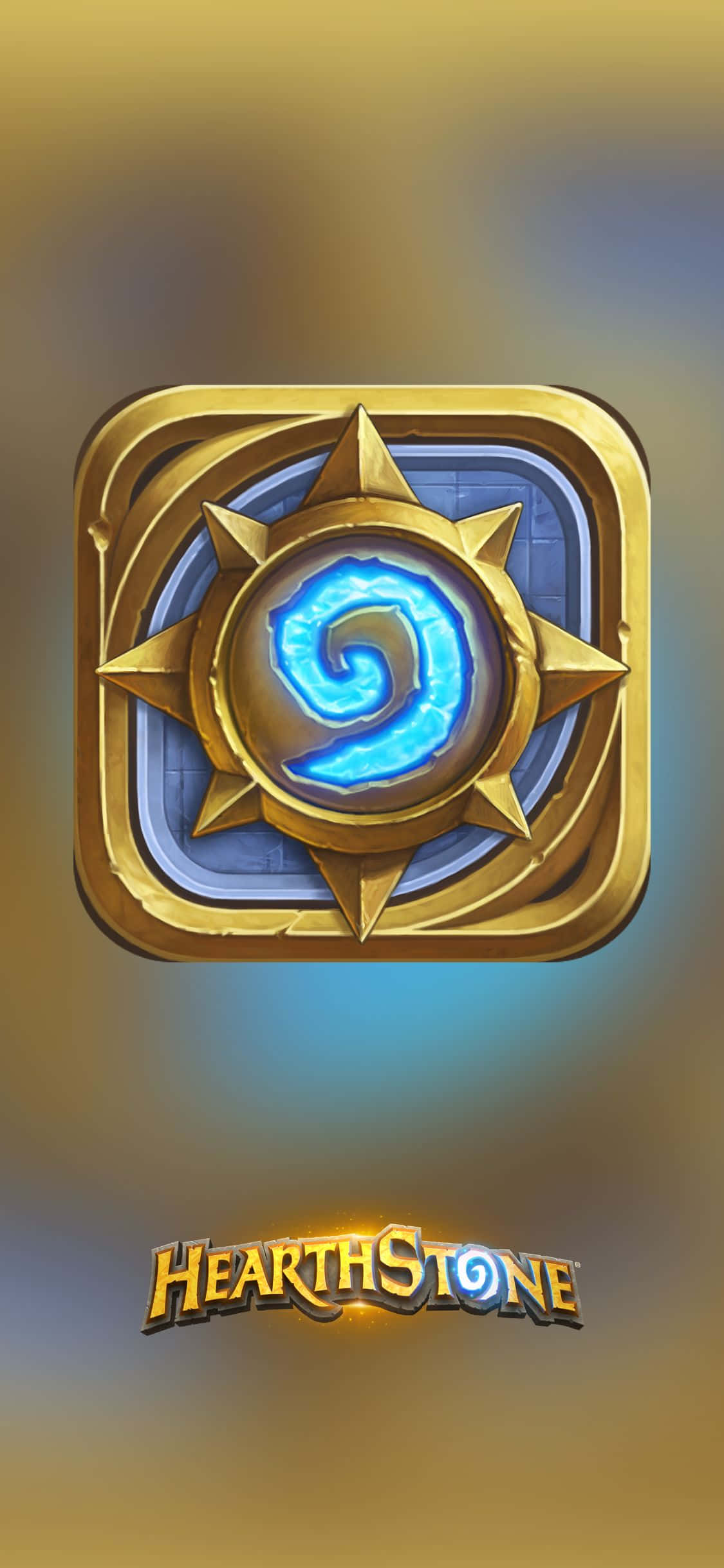 簡約標誌 iPhone XS《爐石戰記》背景 壁紙 — 金色嘅 Hearthstone 標誌，中間有發光藍色漩渦，置於星爆設計中央，背景係溫暖漸變色。