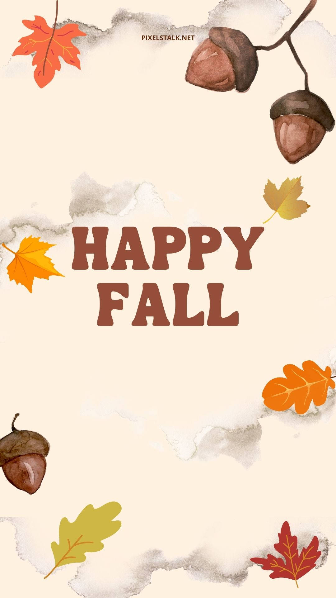 簡約歡樂秋日iPhone壁紙 壁紙 — 水彩秋葉和橡子框住文字 'HAPPY FALL'，背景為柔和的米色，邊緣有撕裂的紙張效果。