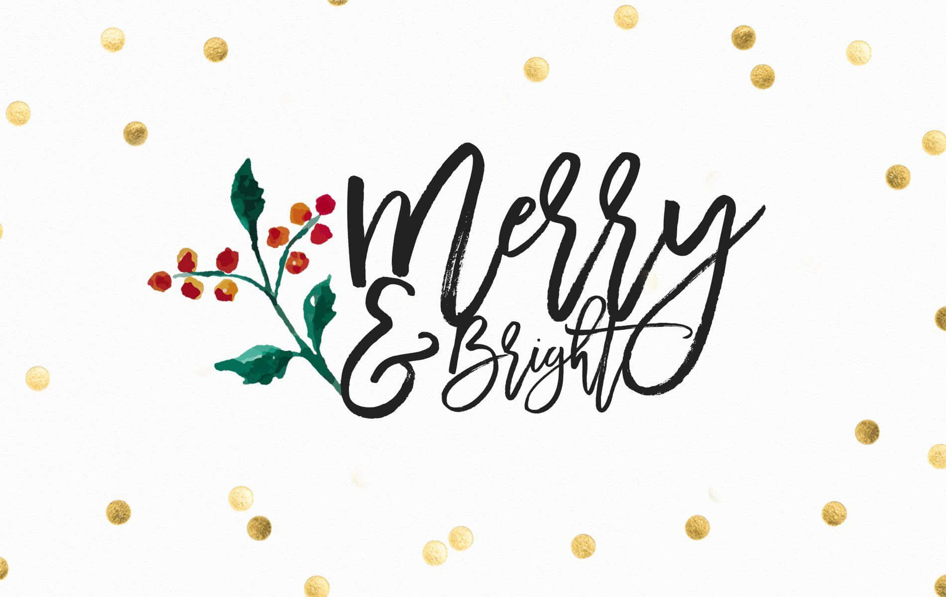 簡約歡樂聖誕問候 iPad 壁紙 — 優雅的黑色刷字體寫著「Merry & Bright」，旁邊是畫有紅色漿果和金箔紙屑的冬青枝，背景為白色。