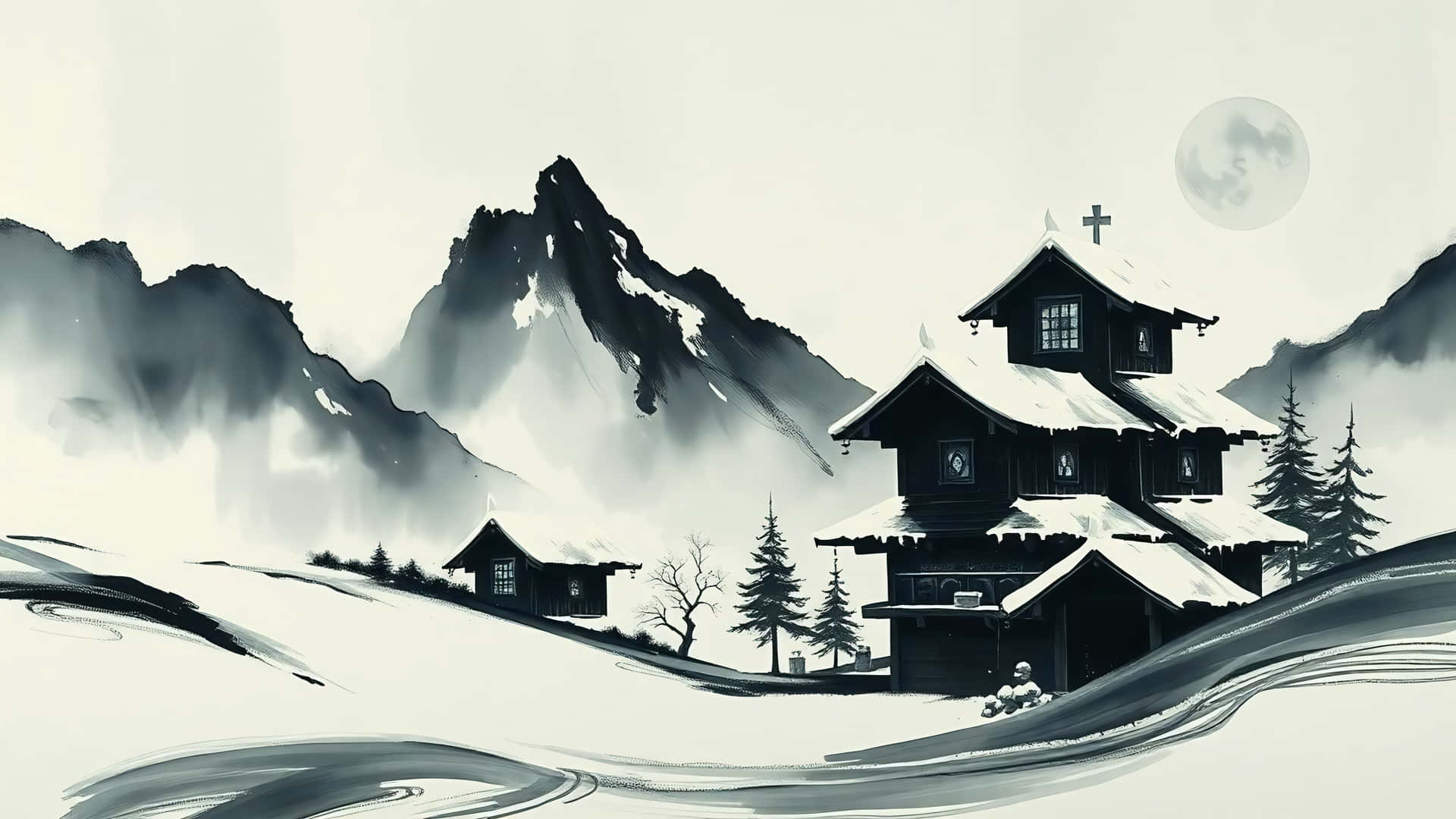 積雪的山村，有木屋和滿月在霧氣繚繞的景色中。
