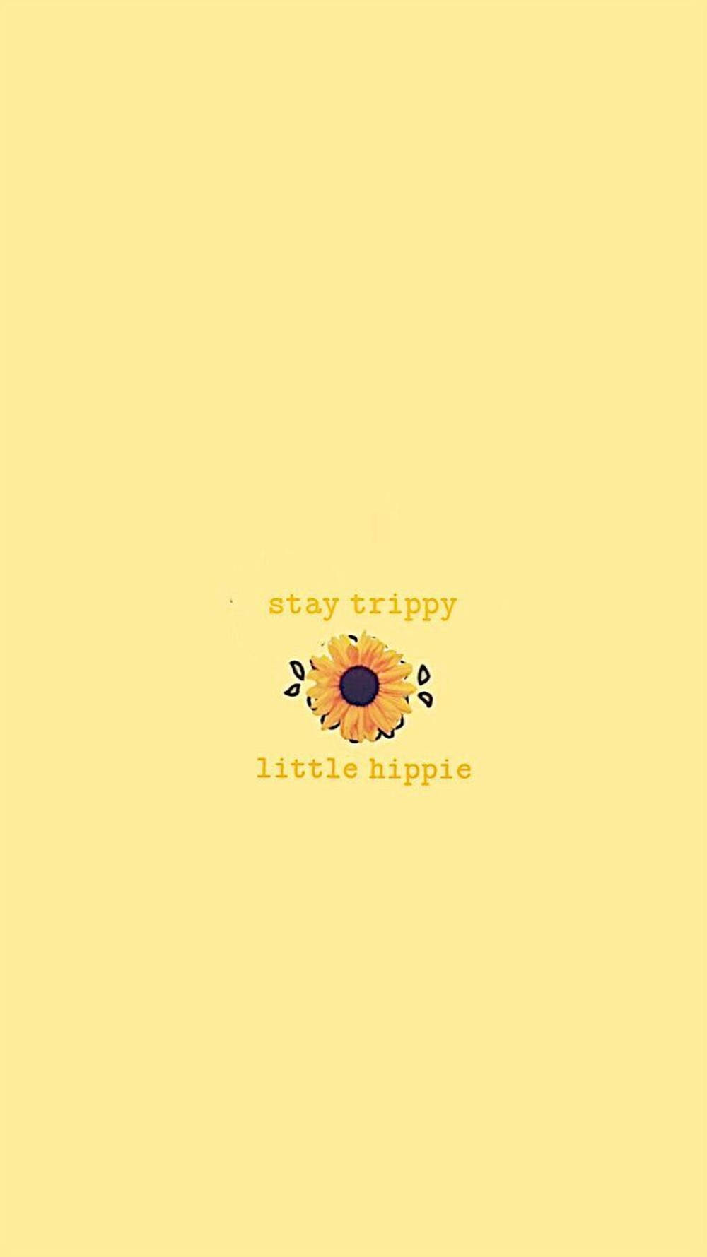 在黃色背景上帶有文字 stay trippy little hippie 的向日葵圖形。