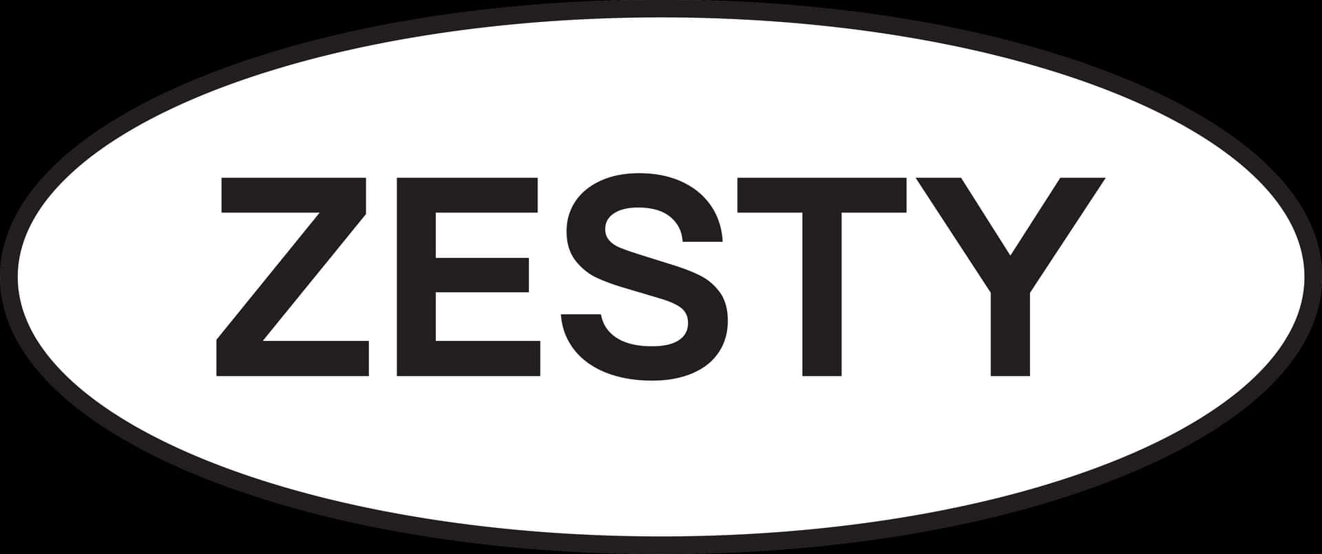 黑色橢圓形標誌，黑色背景上有粗體白色文字 ZESTY。