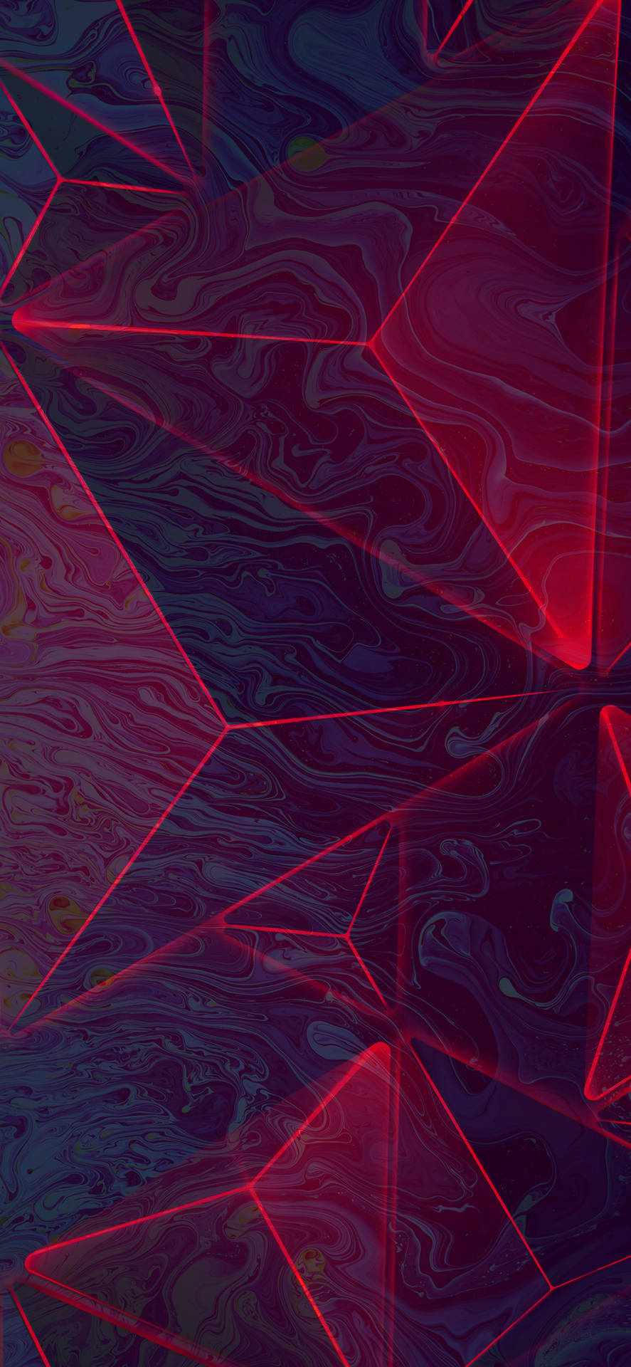 抽象數位藝術，在旋轉的紫色大理石背景上呈現發光的紅色三角形。