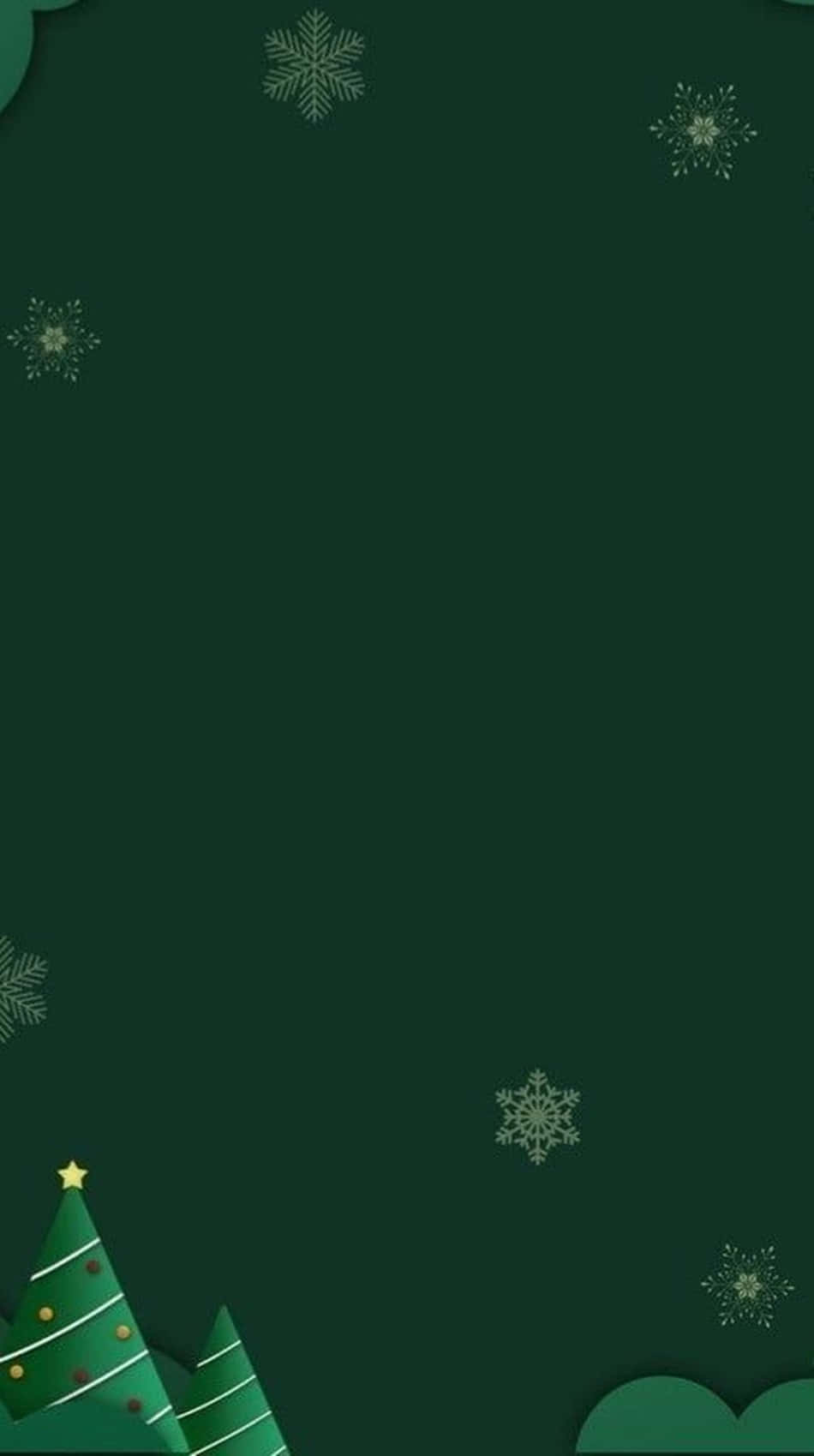 深綠色節日牆紙，帶有剪紙聖誕樹和雪花。