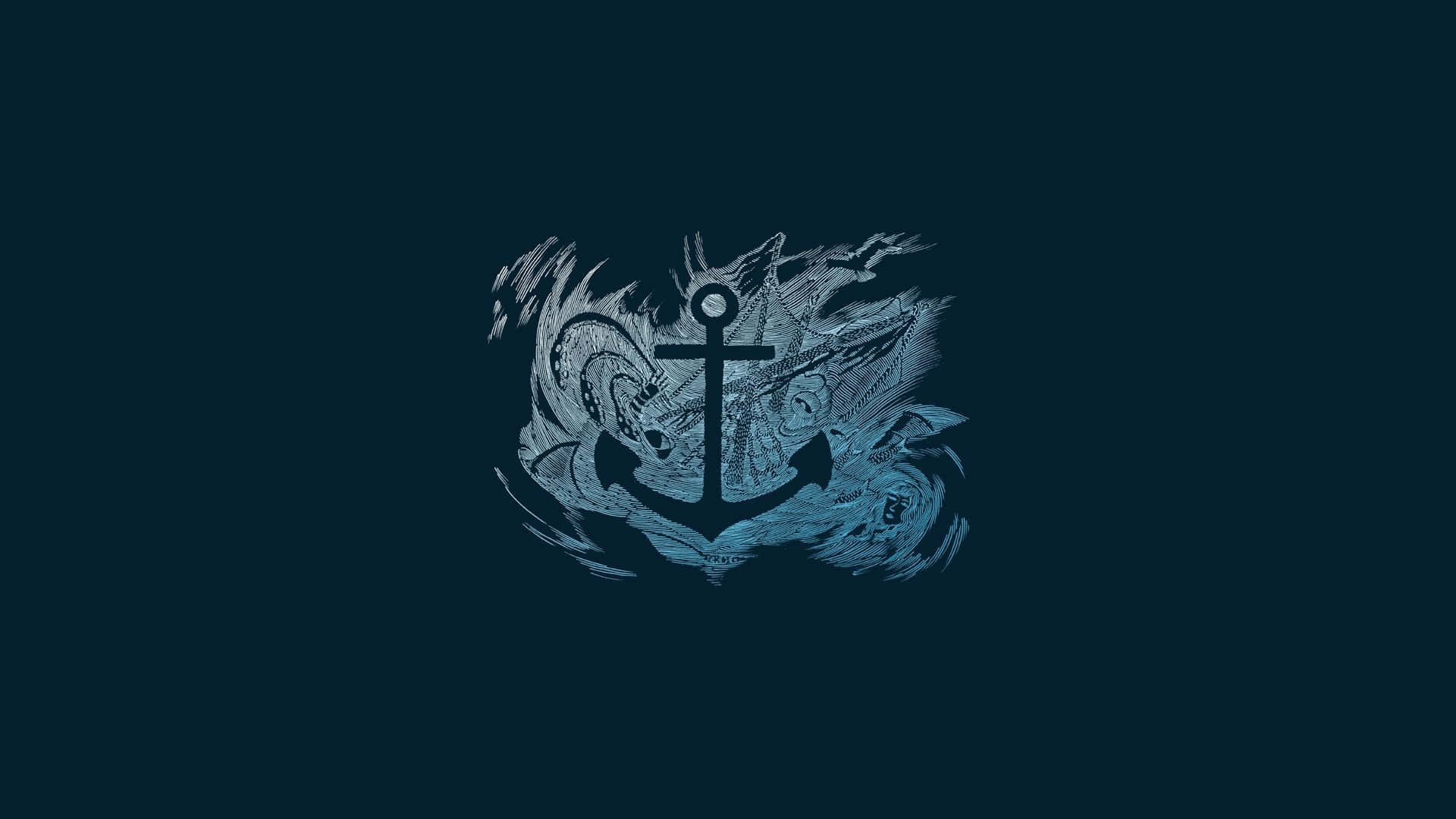 一個被漩渦般的海浪和海洋生物包圍的錨。