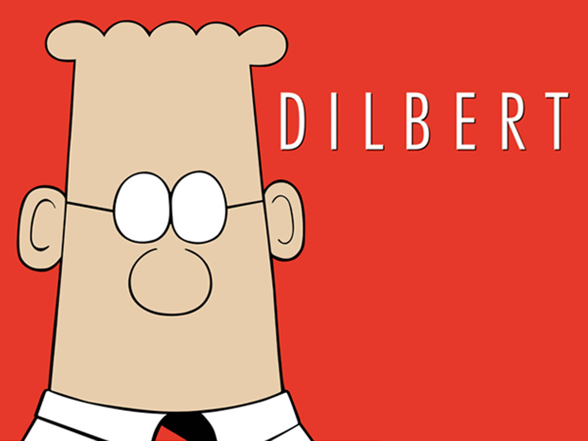 Dilbert卡通人物穿著商務服裝在紅色背景上