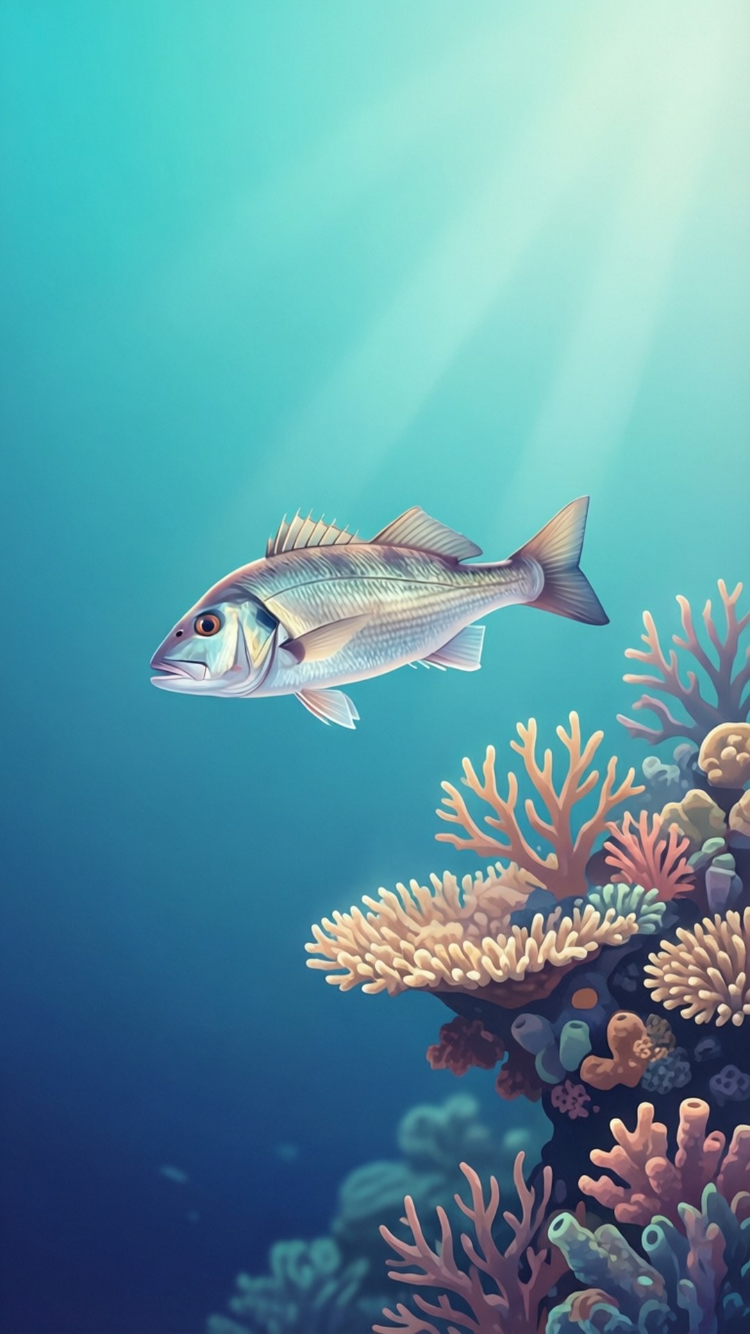 在陽光照射的海水下，銀色魚在色彩繽紛的珊瑚礁附近游動。
