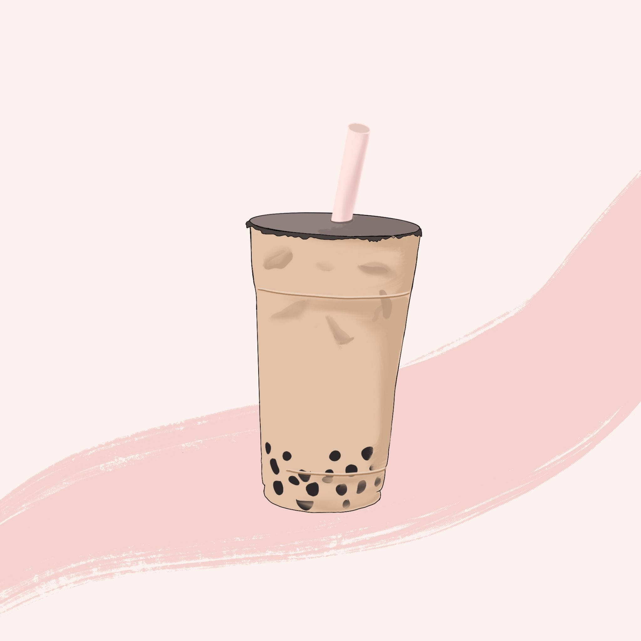 簡約珍珠奶茶插畫 壁紙 — 一杯奶油泡沫茶，透明杯中裝有黑色珍珠和粉紅色吸管，背景是柔和的粉紅色筆觸。