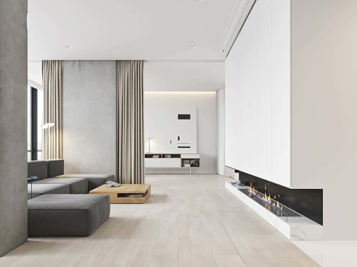 Interior Design 桌布 壁紙 — 簡約現代客廳，配有灰色組合沙發、淺色木地板和時尚內置壁爐。