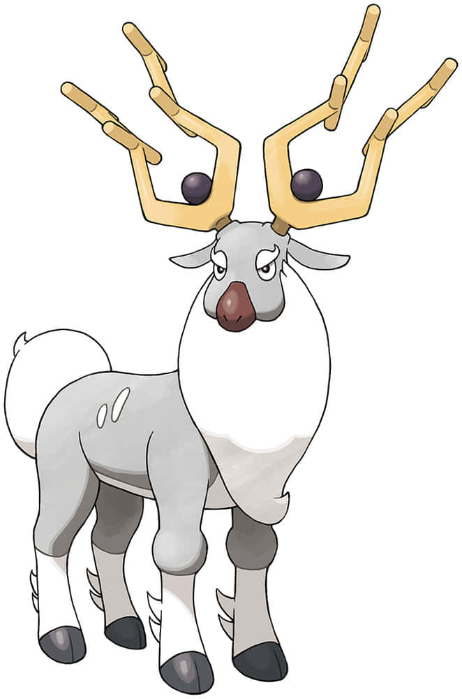 簡約白底上的優雅 Wyrdeer 壁紙 — 一隻卡通馴鹿，金色鹿角尖端帶有紫色球體，站在純白色背景前，表情不高興。