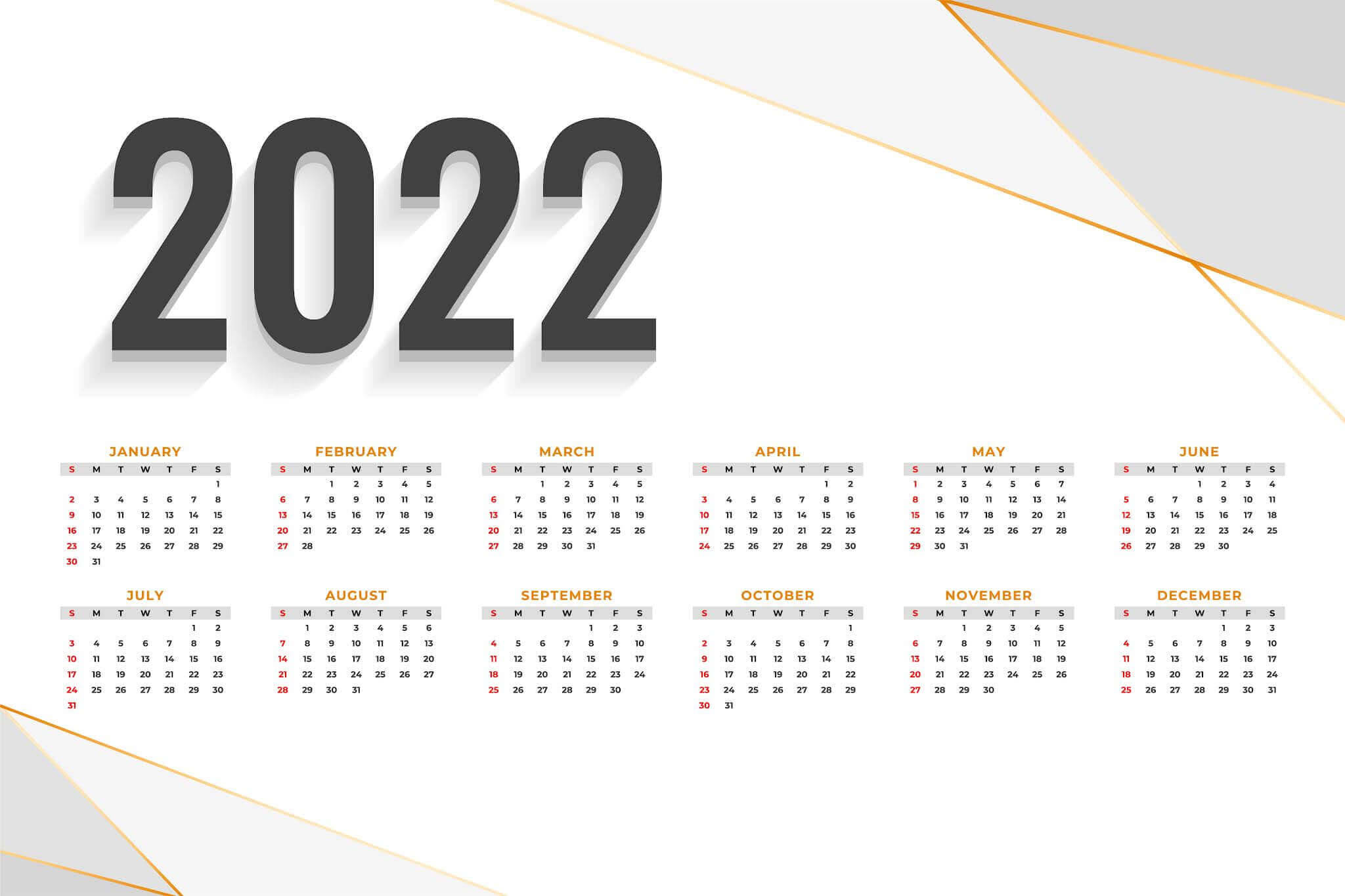 簡約白色2022年曆 壁紙 — 簡約2022年月曆，採用粗體黑色數字和金色幾何裝飾，搭配純白背景。