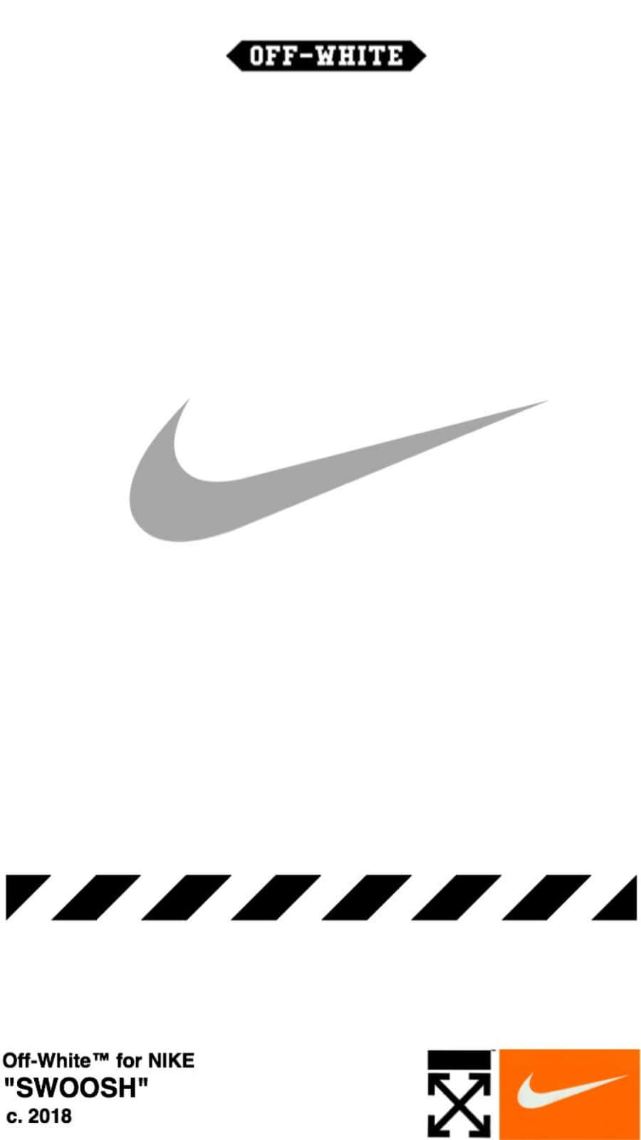 Nike Swoosh Off White iPhone 11 壁紙 — 簡約白色背景，帶有灰色Nike Swoosh標誌、黑色斜紋及Off-White品牌元素。