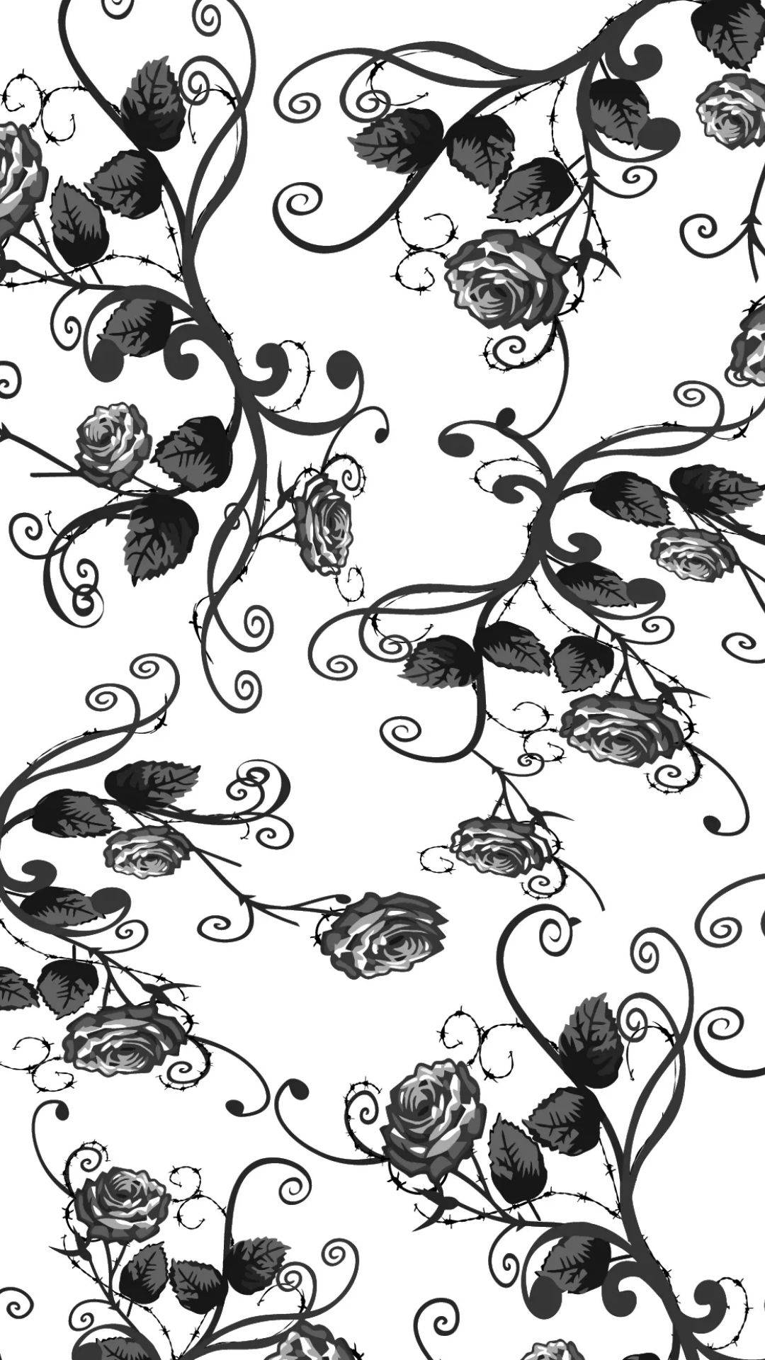 白色背景上帶有玫瑰和帶刺藤蔓的黑白花卉圖案。 — 美學白色動態圖 壁紙