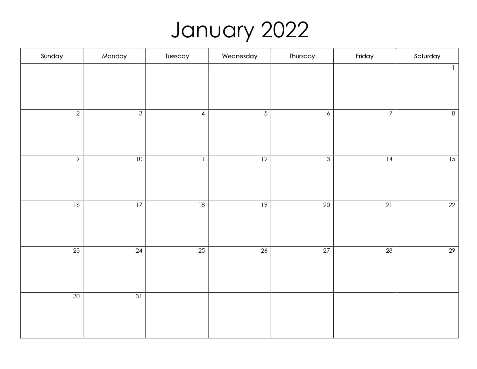 January 2022 Calendar 桌布 壁紙 — 簡約的2022年1月日曆，採用乾淨的網格佈局，白色背景上帶有粗體黑色文字。