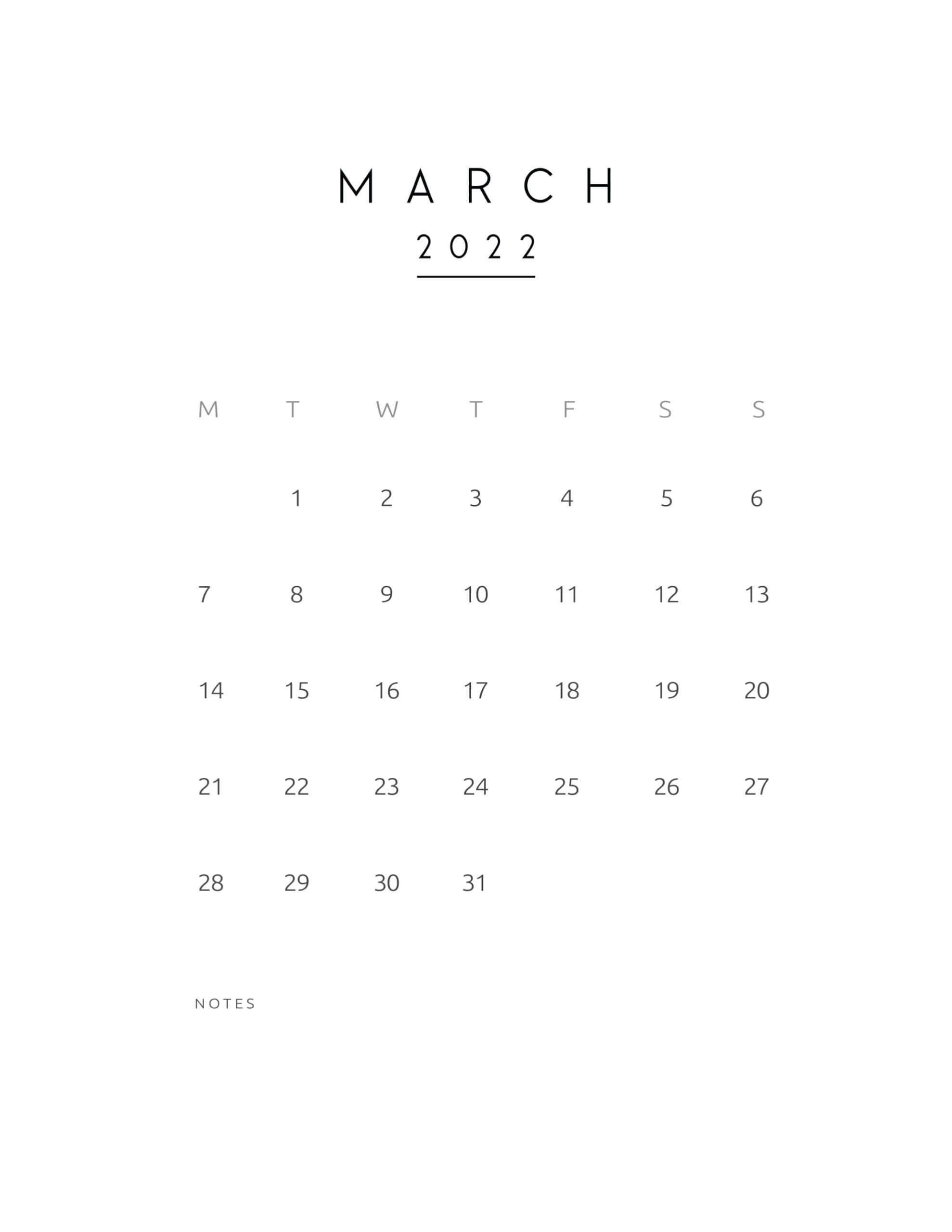 三月 桌布 壁紙 — 簡約的2022年3月日曆，採用清晰字體，並留有充足空白空間供筆記使用。