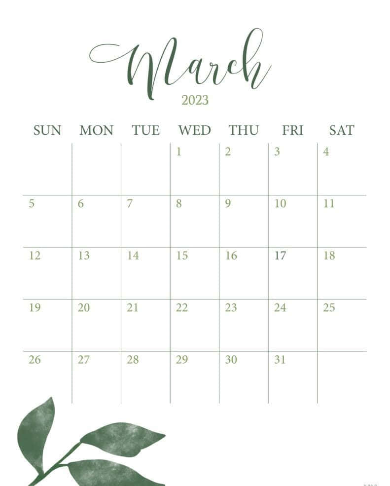 三月 桌布 壁紙 — 簡約的2023年3月月曆，帶有優雅的手寫字體和綠色葉子點綴，背景為潔淨的白色。