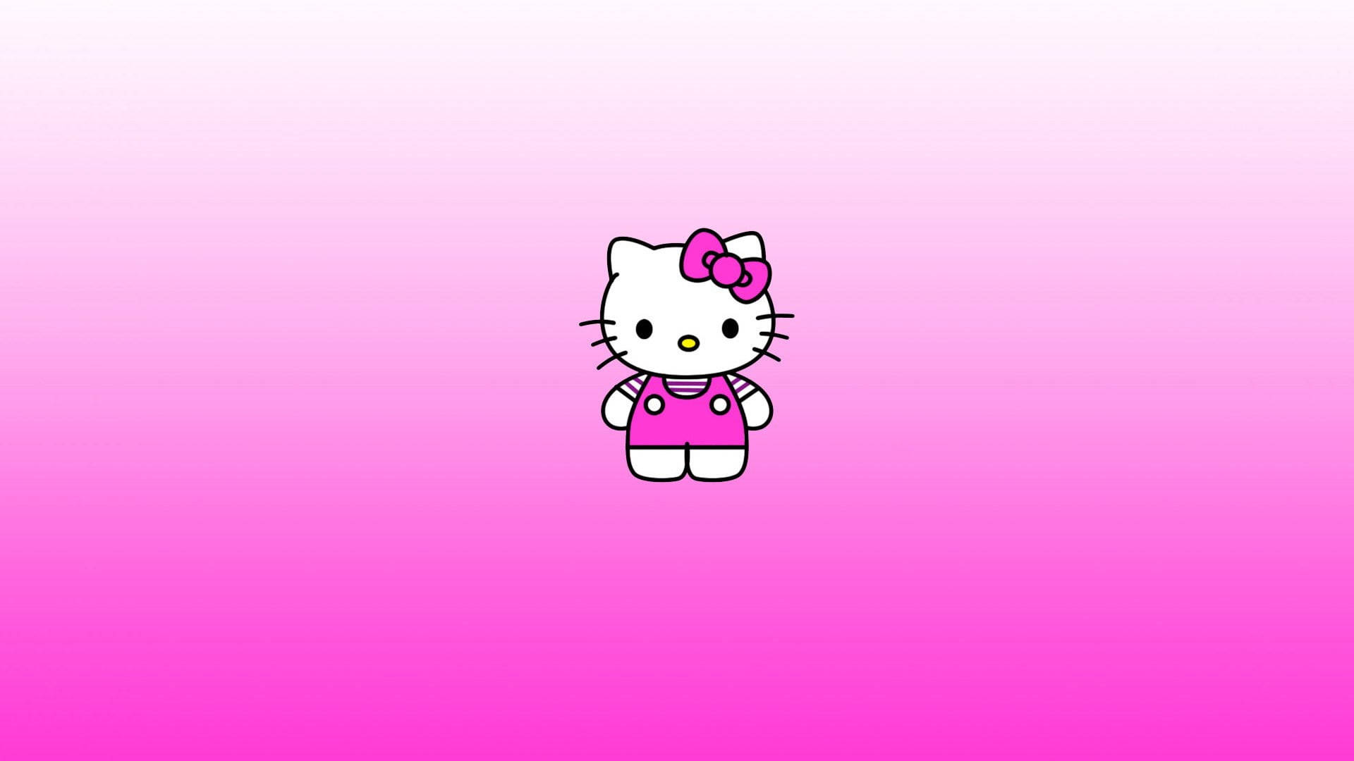 Hello Kitty 卡通角色穿著粉紅色吊帶褲和蝴蝶結，背景為粉紅色漸變