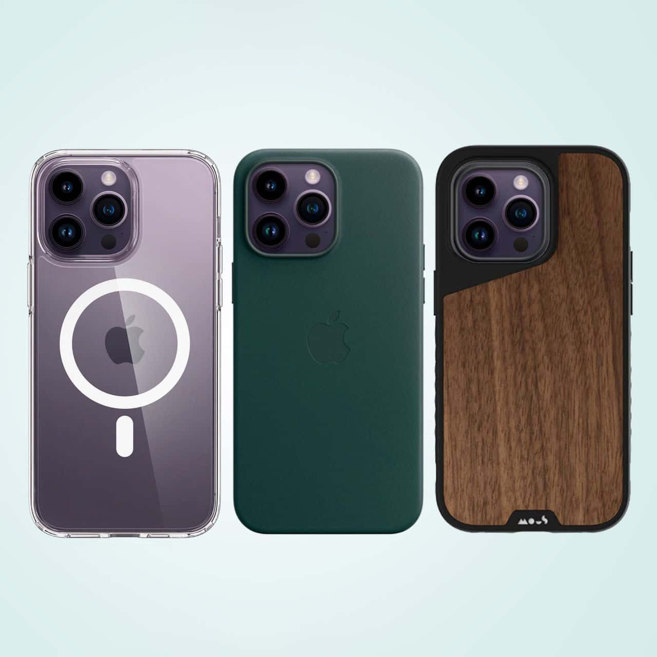 三個iPhone保護殼，分別為透明、綠色皮革和木紋設計。
