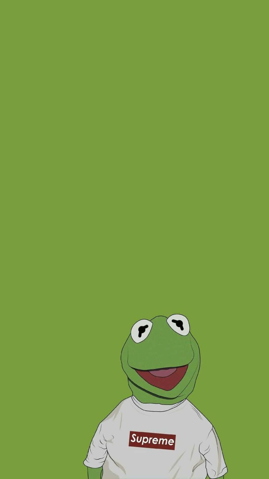 Aesthetic Frog 桌布 壁紙 — 簡約綠色背景上，Kermit the Frog 穿著白色 Supreme T恤微笑。