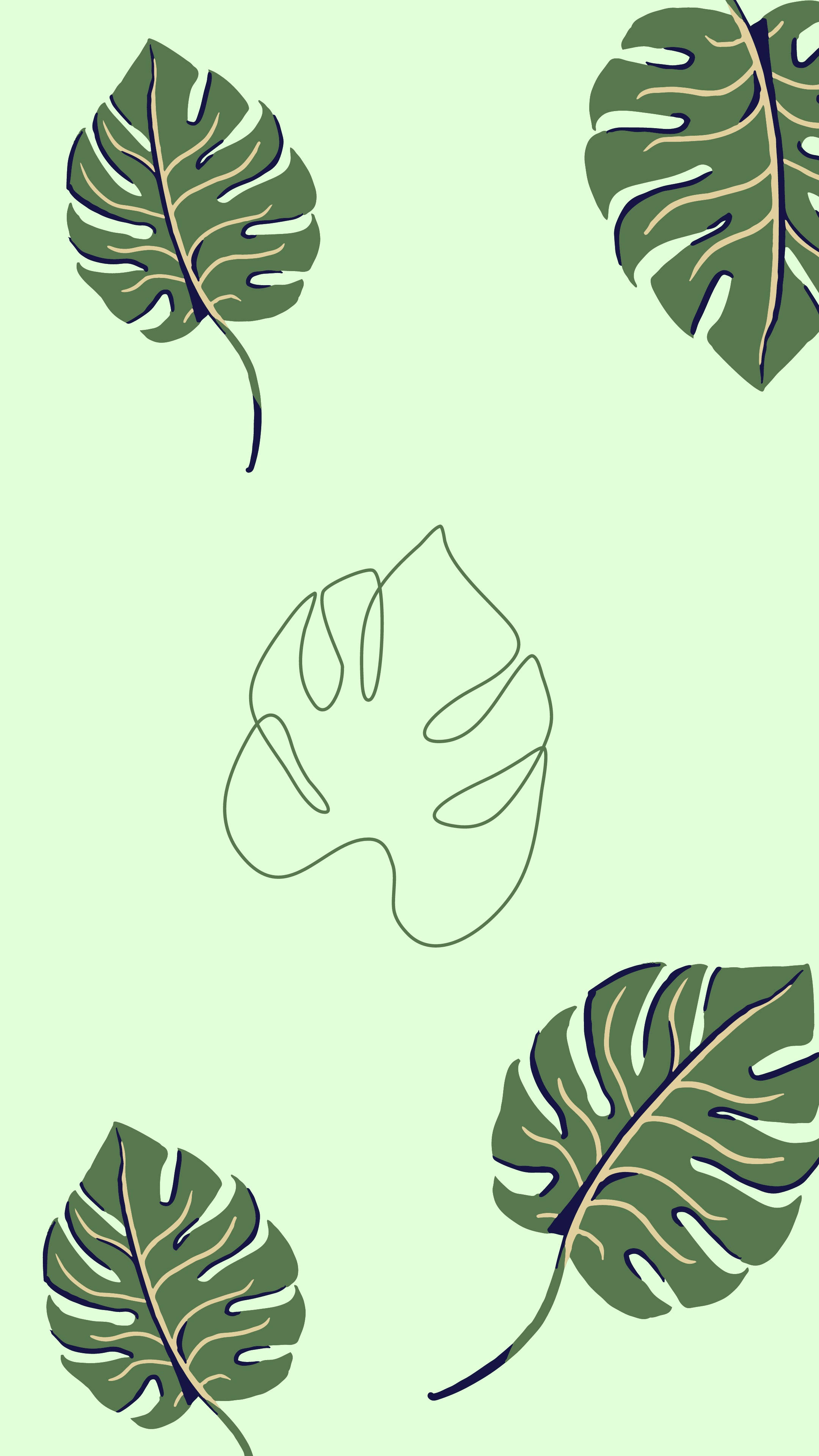 簡約綠色龜背芋藝術 壁紙 — 深綠色帶金色葉脈的龜背竹葉漂浮在柔和的薄荷色背景上，以極簡線條藝術風格呈現。