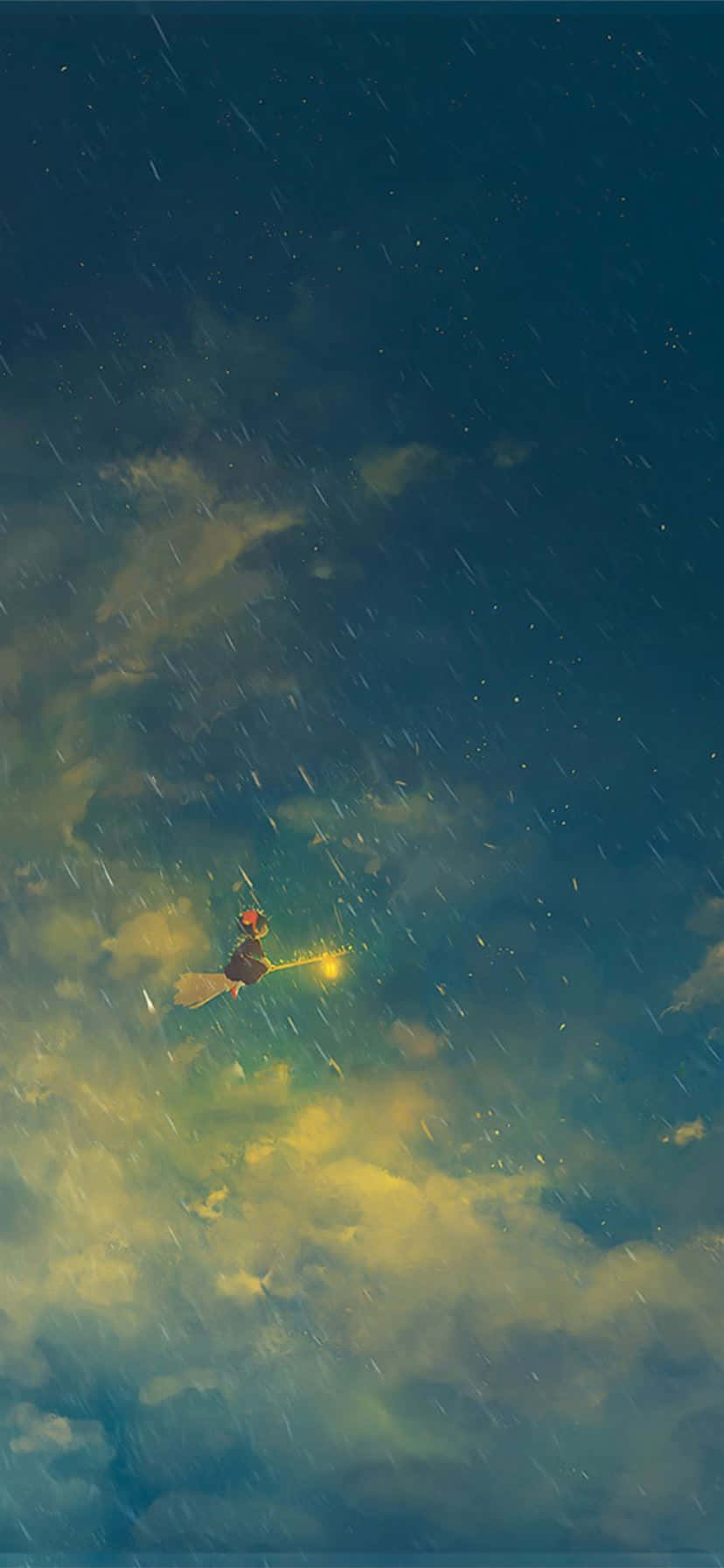 一個人在雨夜中騎著掃帚飛行，散發著光芒。