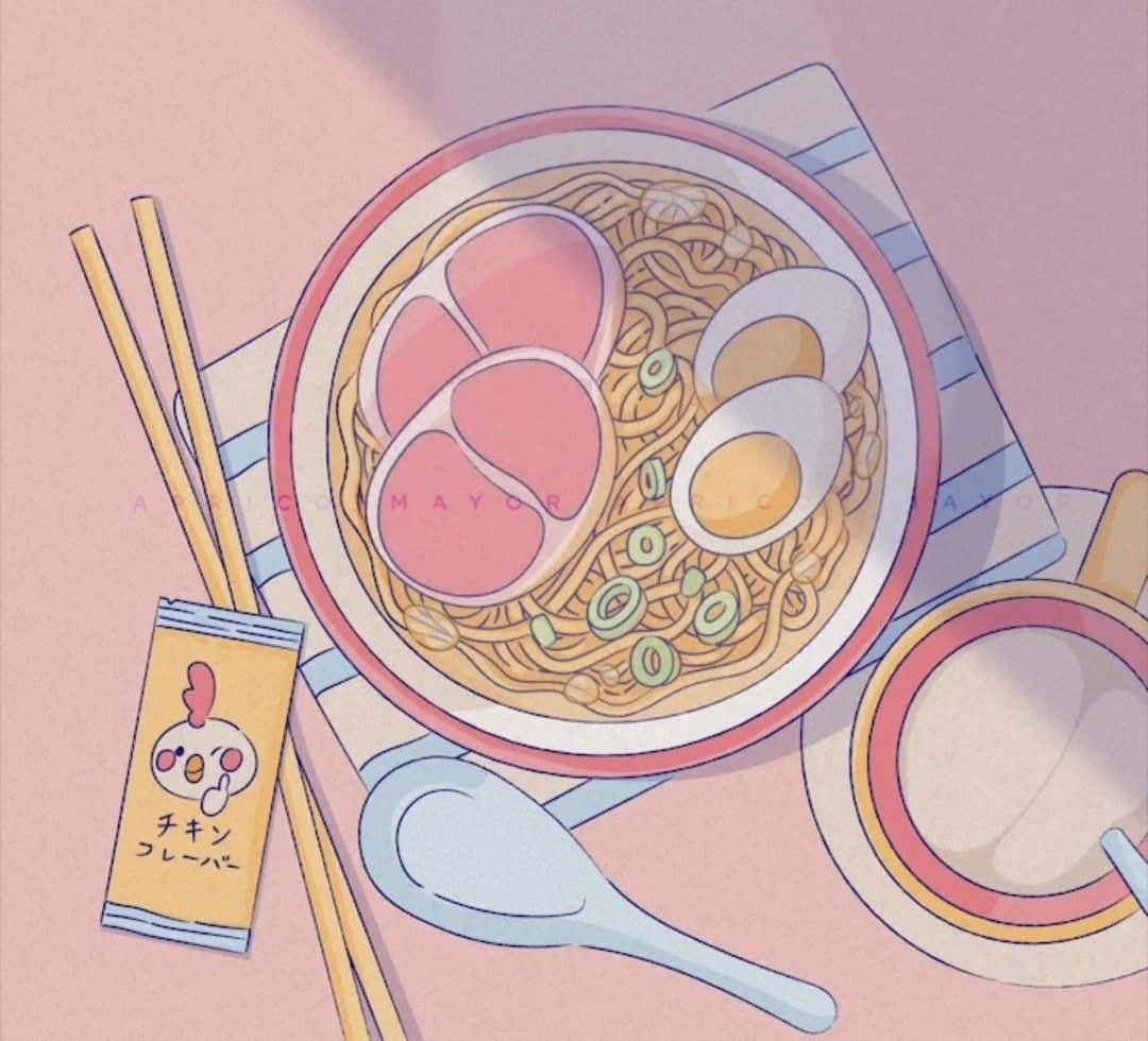 簡約美食藝術 壁紙 — 一碗拉麵的粉彩插圖，配有叉燒、溏心蛋和蔥花，附有筷子及雞味調味包。