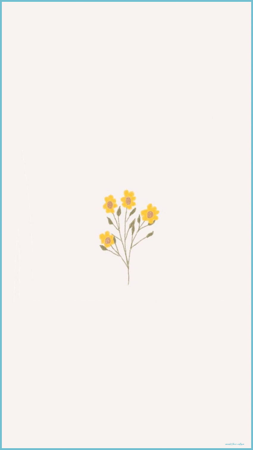 五朵帶綠色莖的小黃花在淡奶油色背景上。