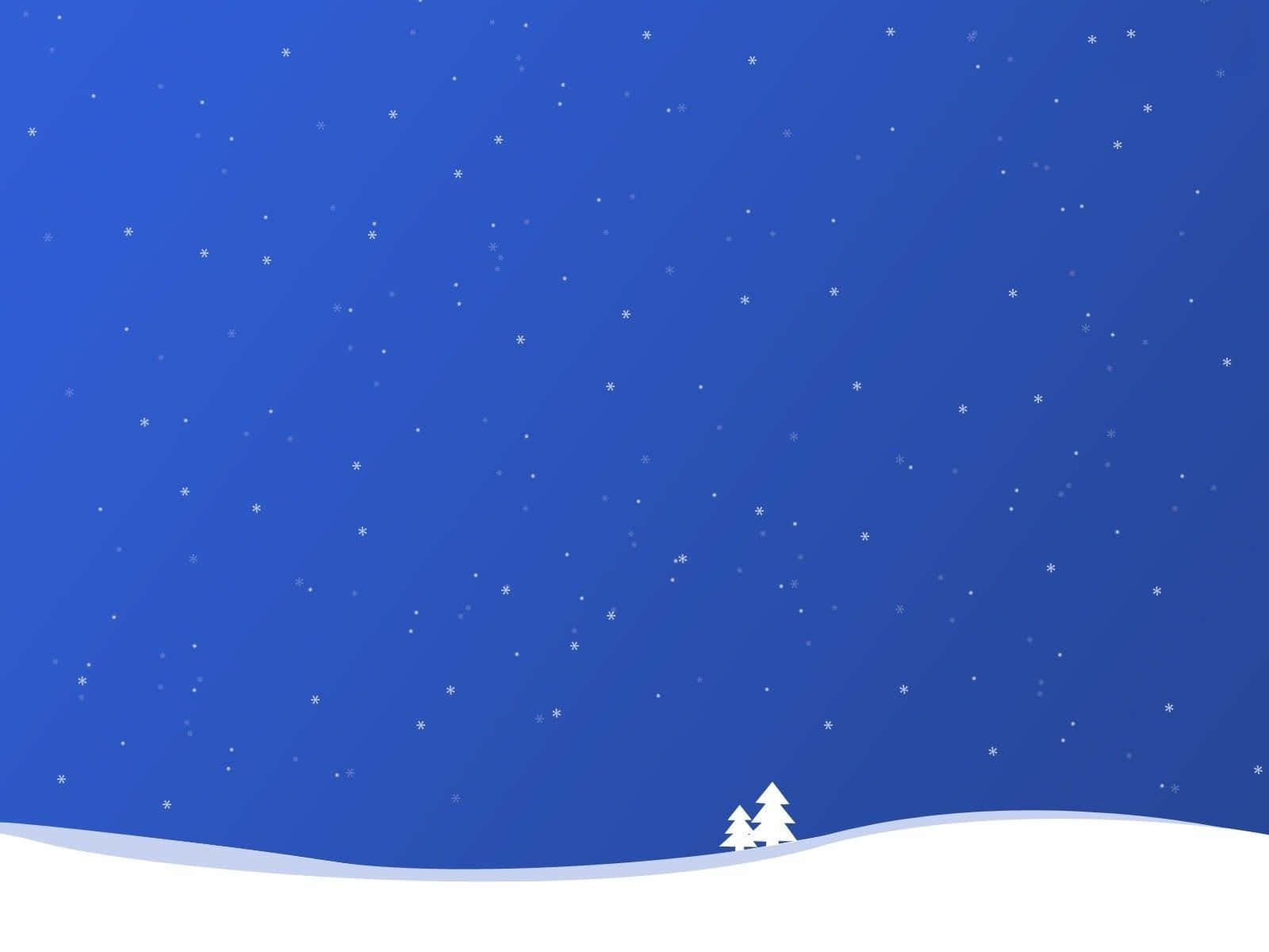 簡約聖誕夜雪景 iPad 壁紙 — 雪花輕輕飄過深藍色的冬日天空，下方是白雪覆蓋的小山丘，上有兩棵小松樹。
