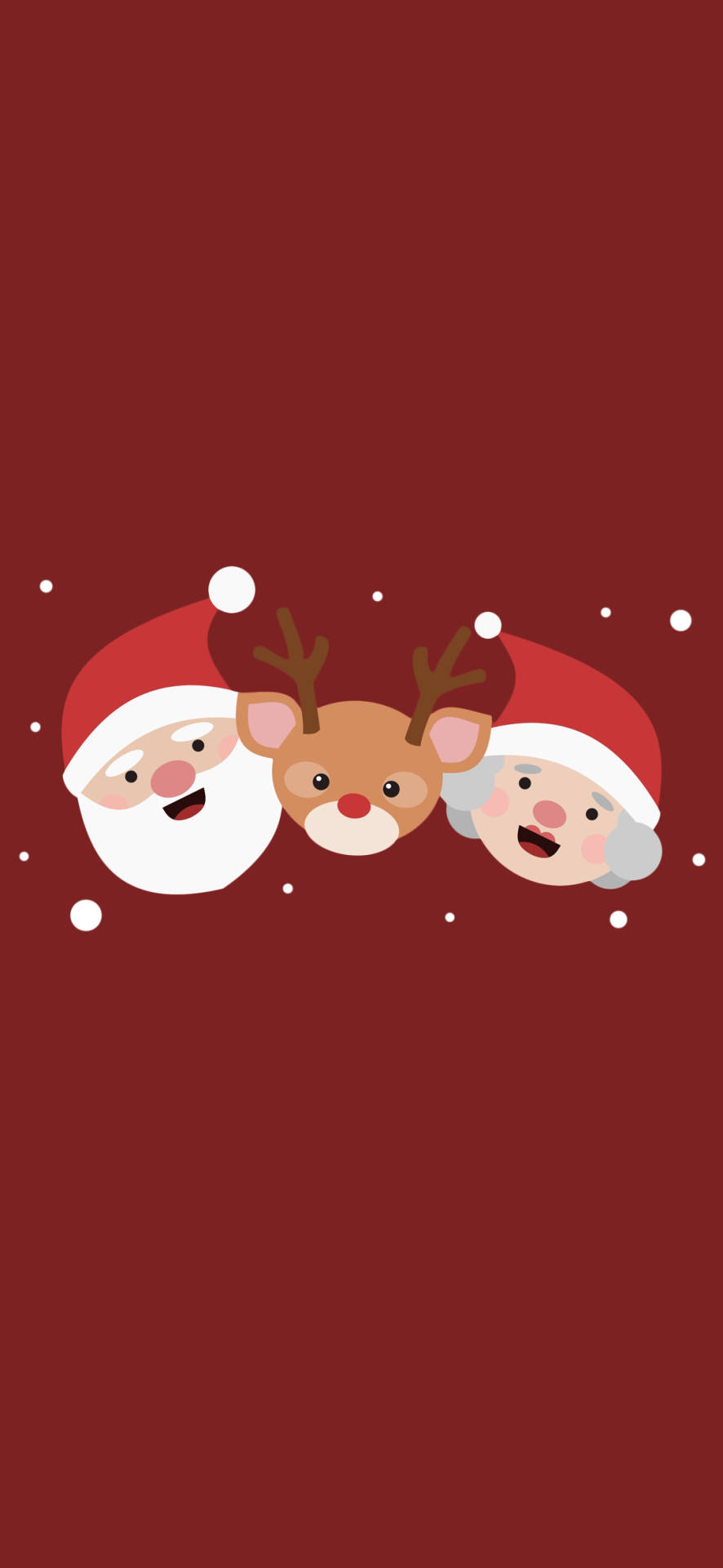 聖誕老人、聖誕太太和馴鹿在紅色背景上透過雪花探頭。