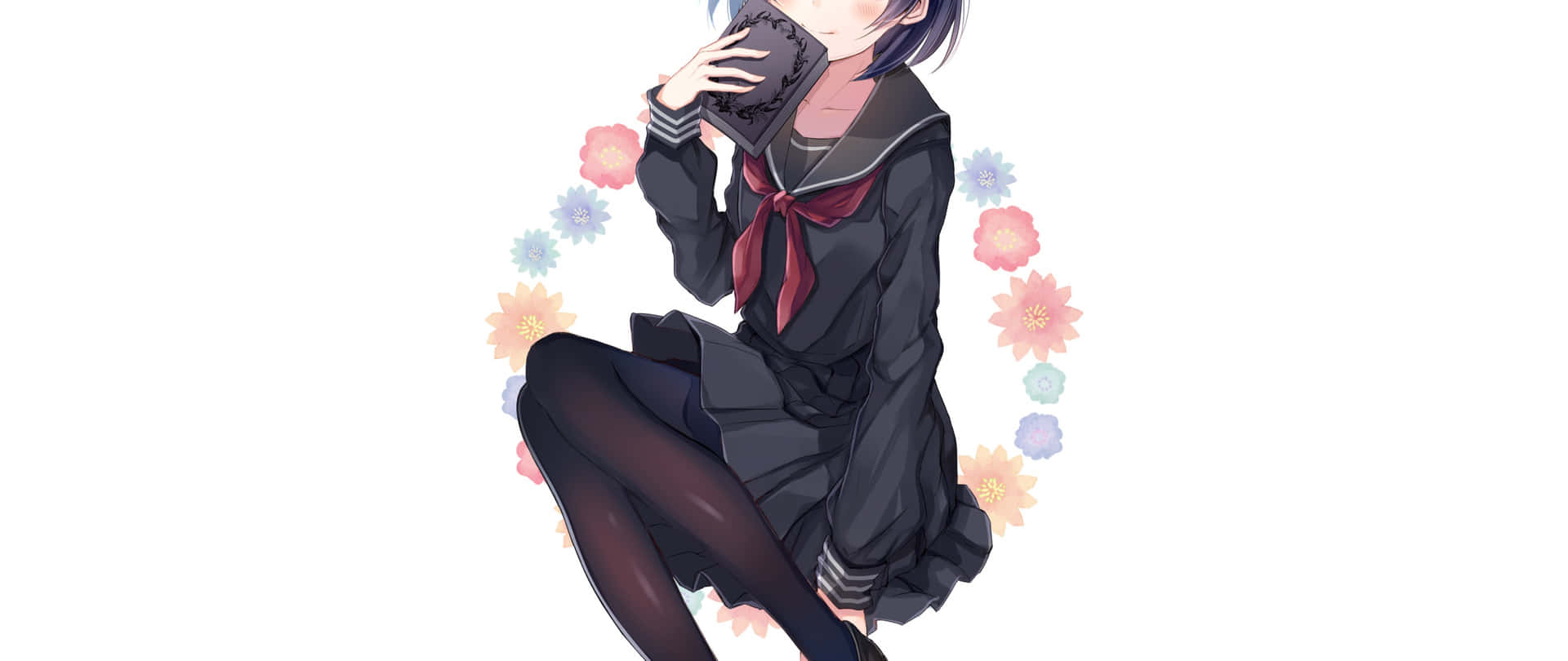 穿著水手服的動漫女孩，帶著花朵光環閱讀書籍。