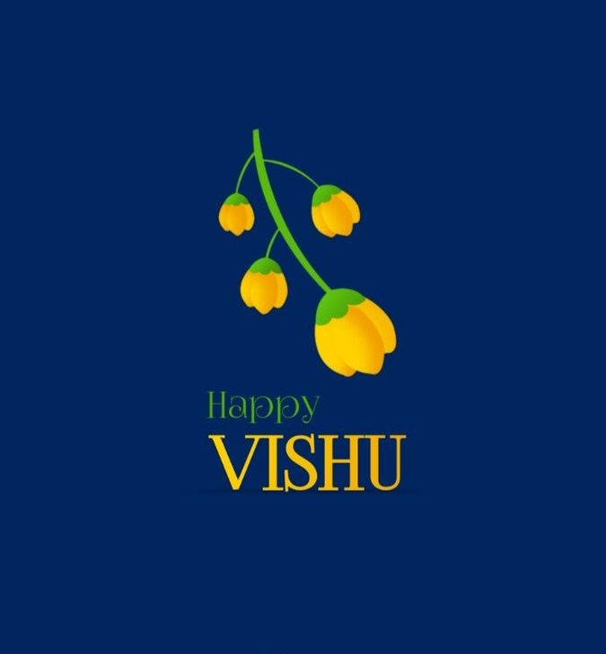 藍色背景上帶有黃色花朵的Happy Vishu問候