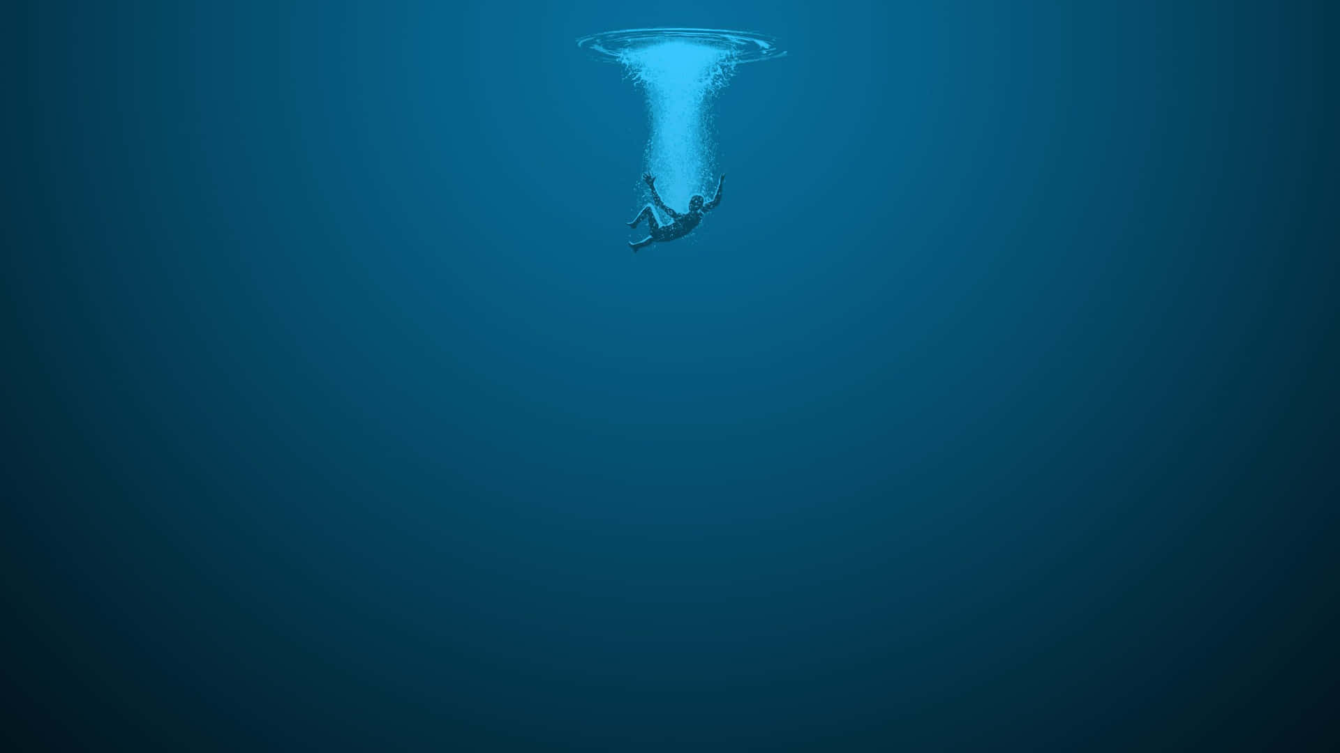 一名潛水員在深藍色海洋中穿過發光的水下漩渦上升。