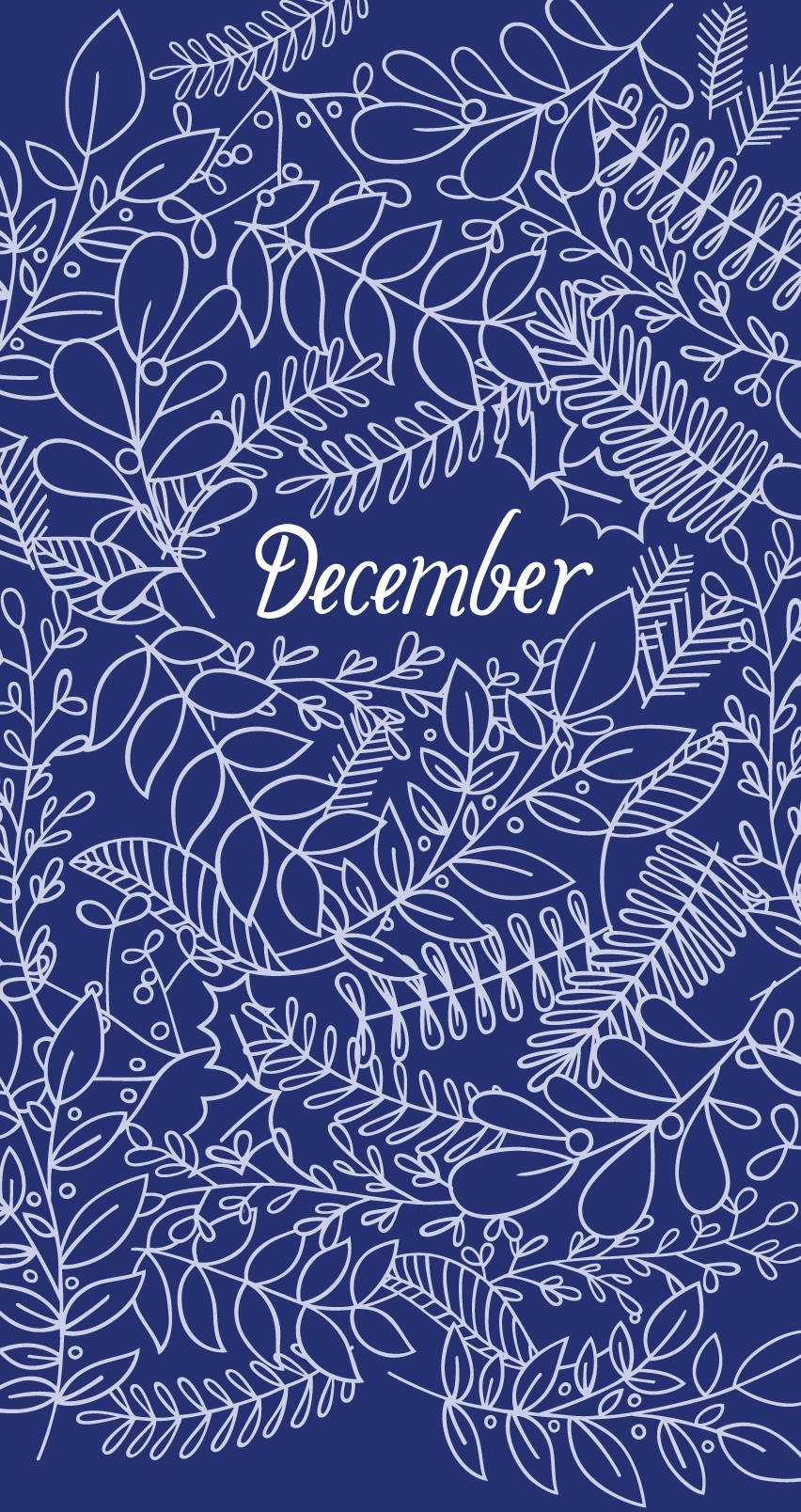 藍色背景上，白色線條繪製的樹葉和樹枝圍繞著「December」文字。