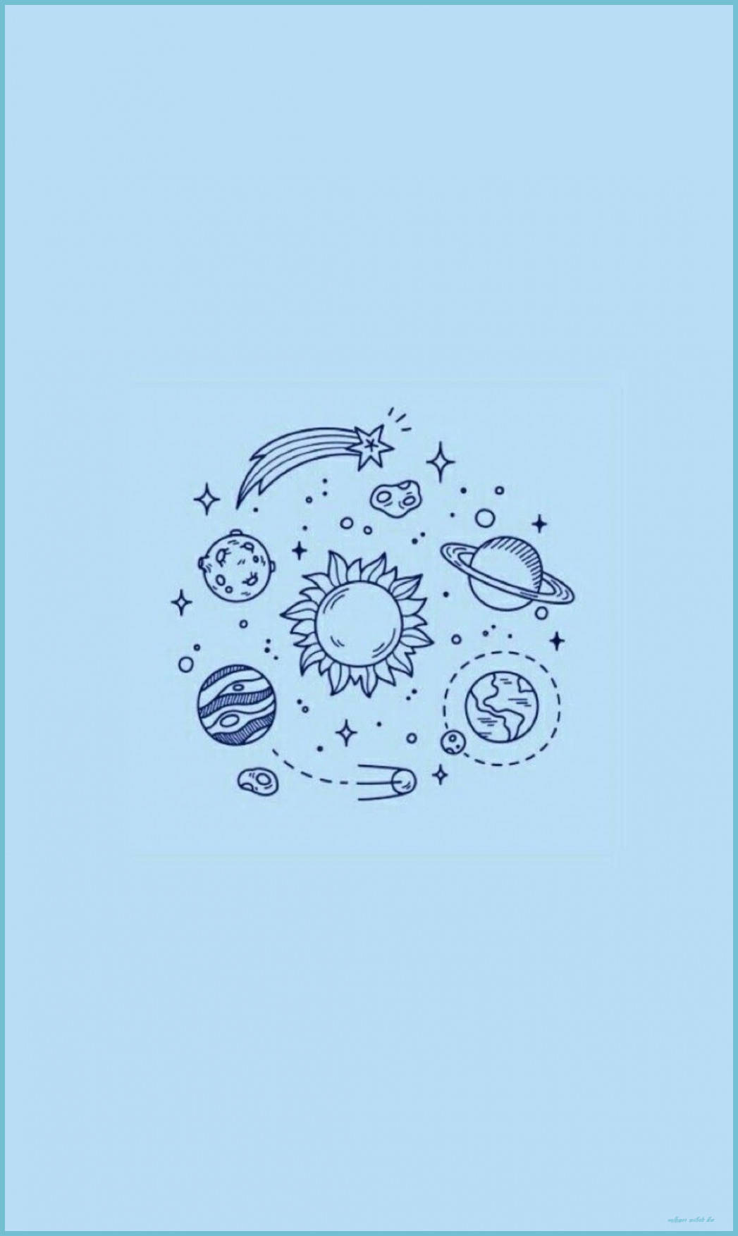 天體包括太陽、行星和星星的圓形線條藝術設計，淺藍色背景。