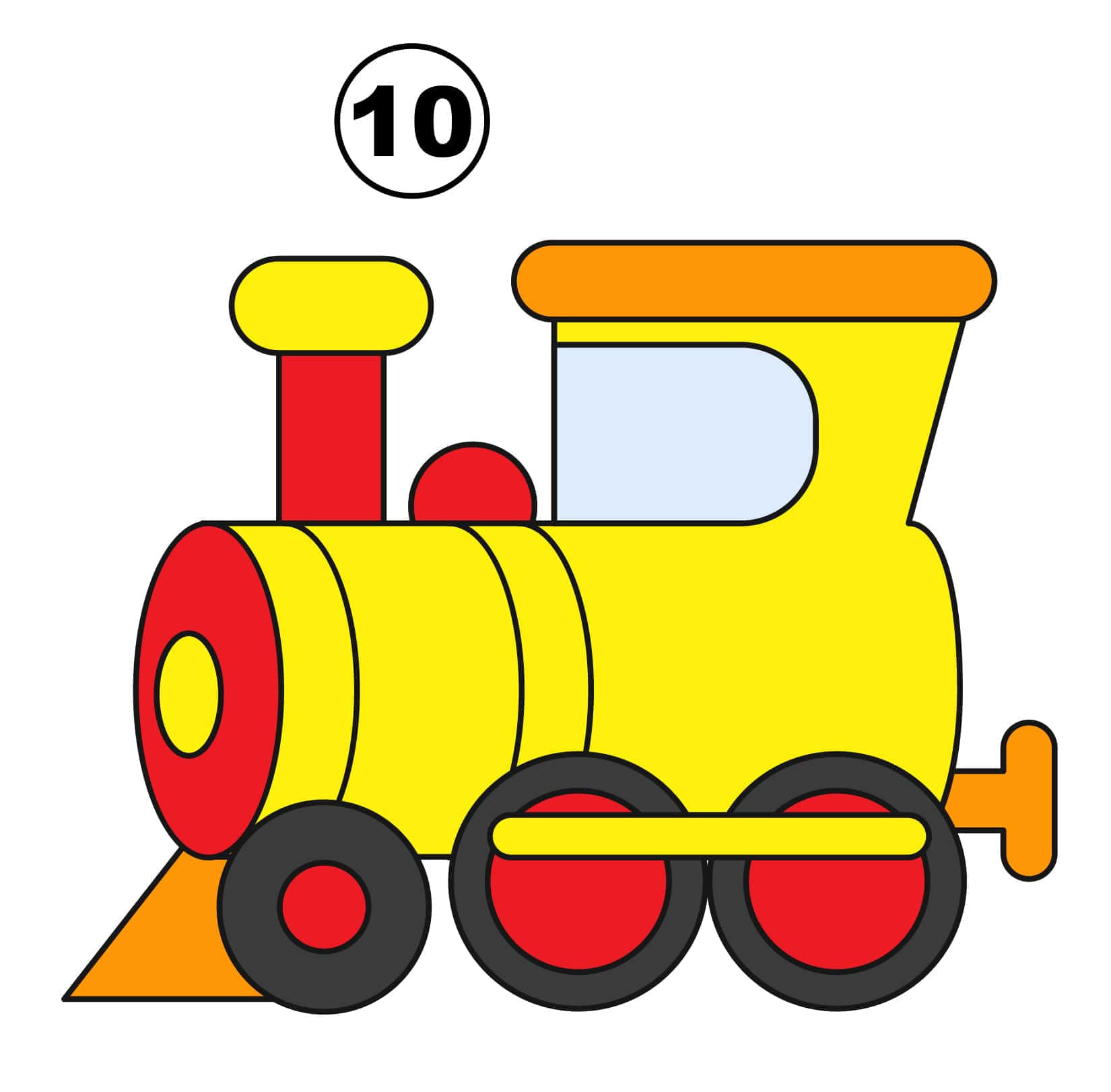 一輛色彩繽紛的卡通火車，上面有數字10。