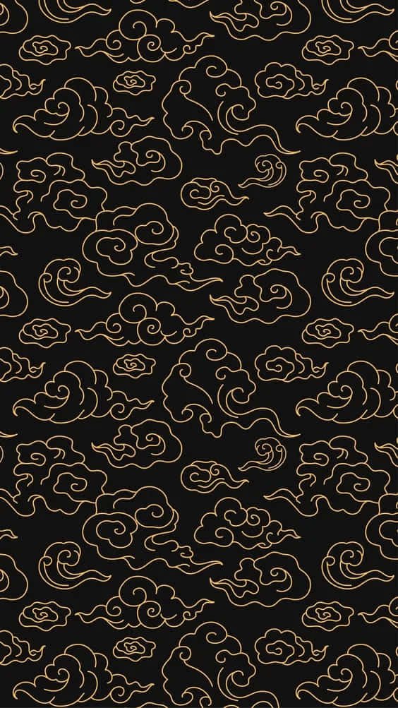 黑色背景上的金色雲紋圖案，適用於壁紙