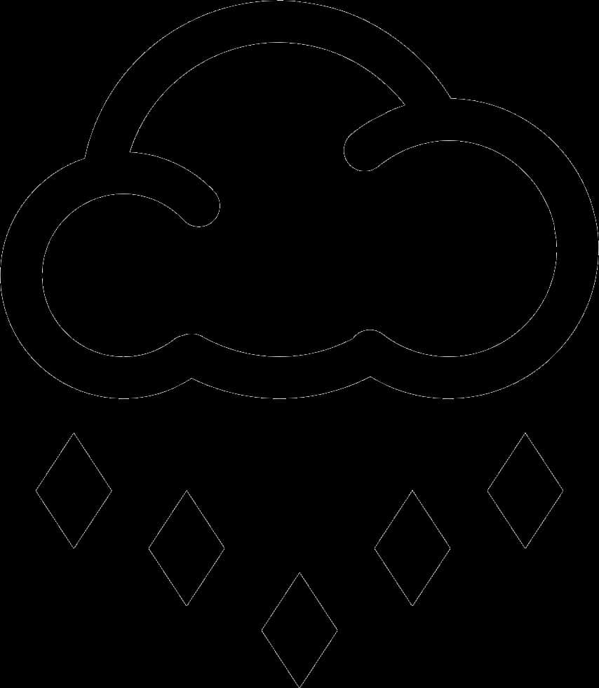 簡約雨雲圖標 壁紙 — 黑色背景上，帶有鑽石形雨滴的雲朵的極簡白色輪廓。