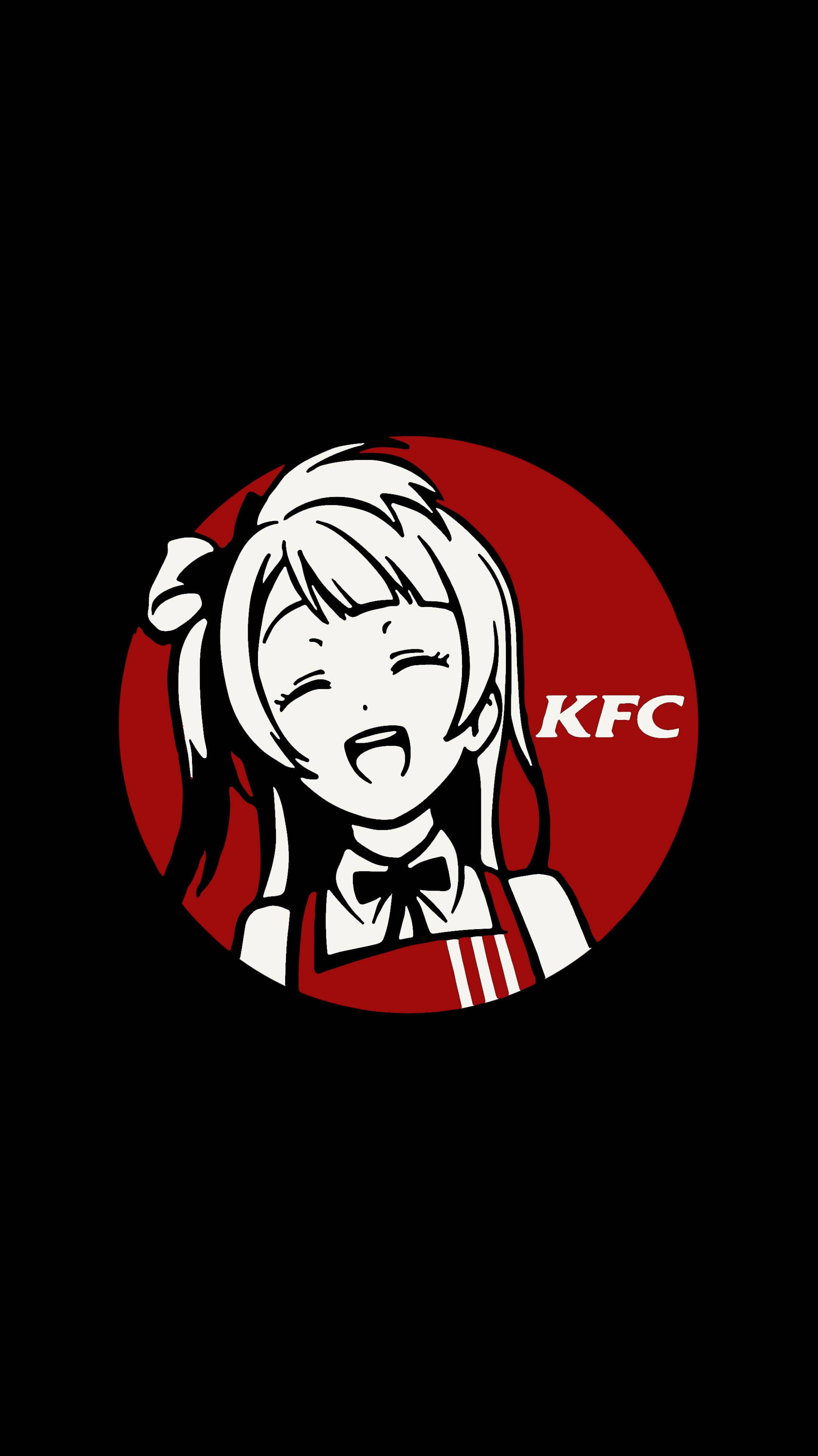 簡約風KFC動漫女孩 壁紙 — 一個穿著KFC制服嘅開心動畫女孩喺黑色背景上嘅紅色圓形標誌入面燦爛咁笑。