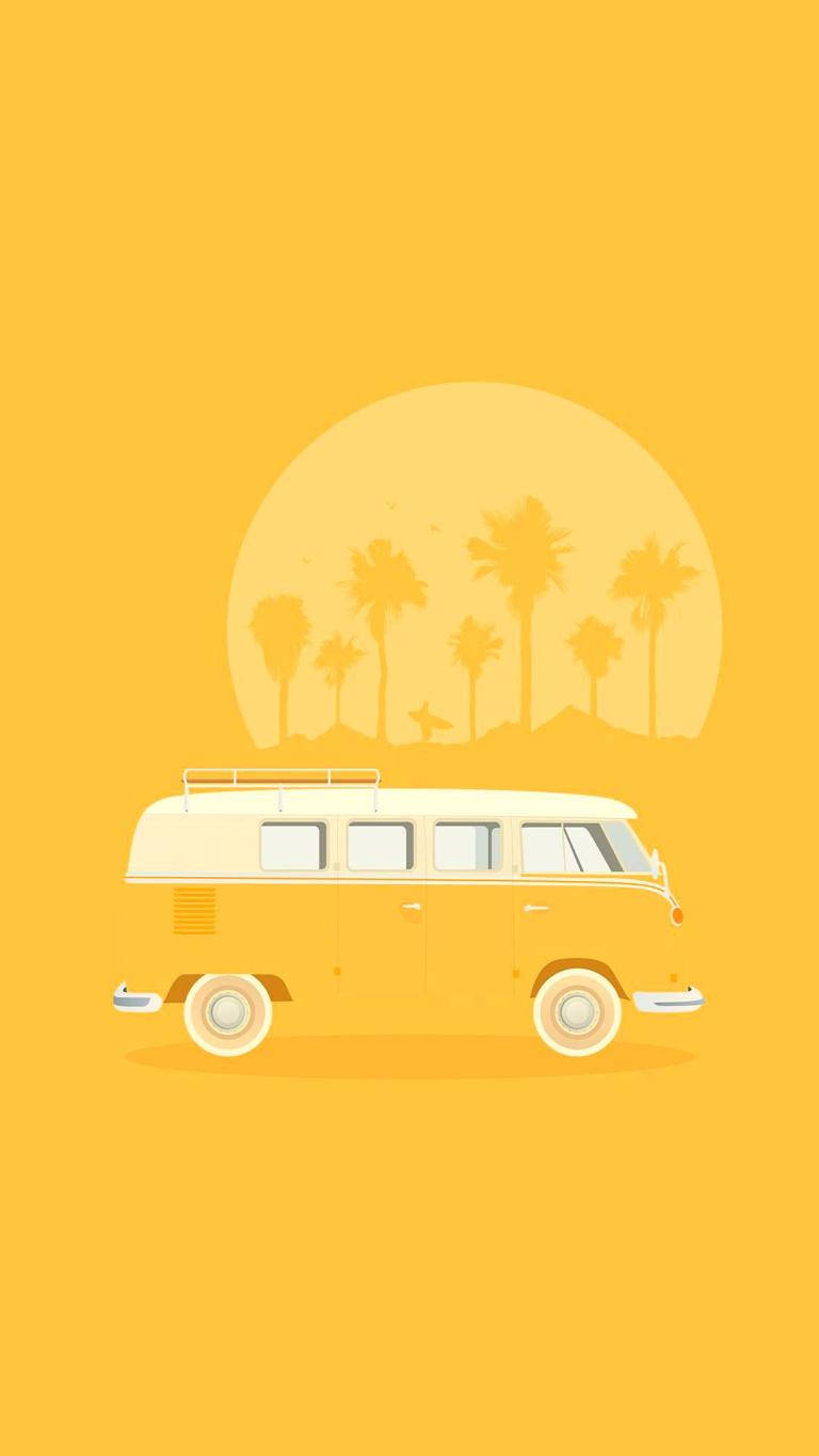 極簡熱帶插圖中的黃色麵包車、棕櫚樹和太陽。
