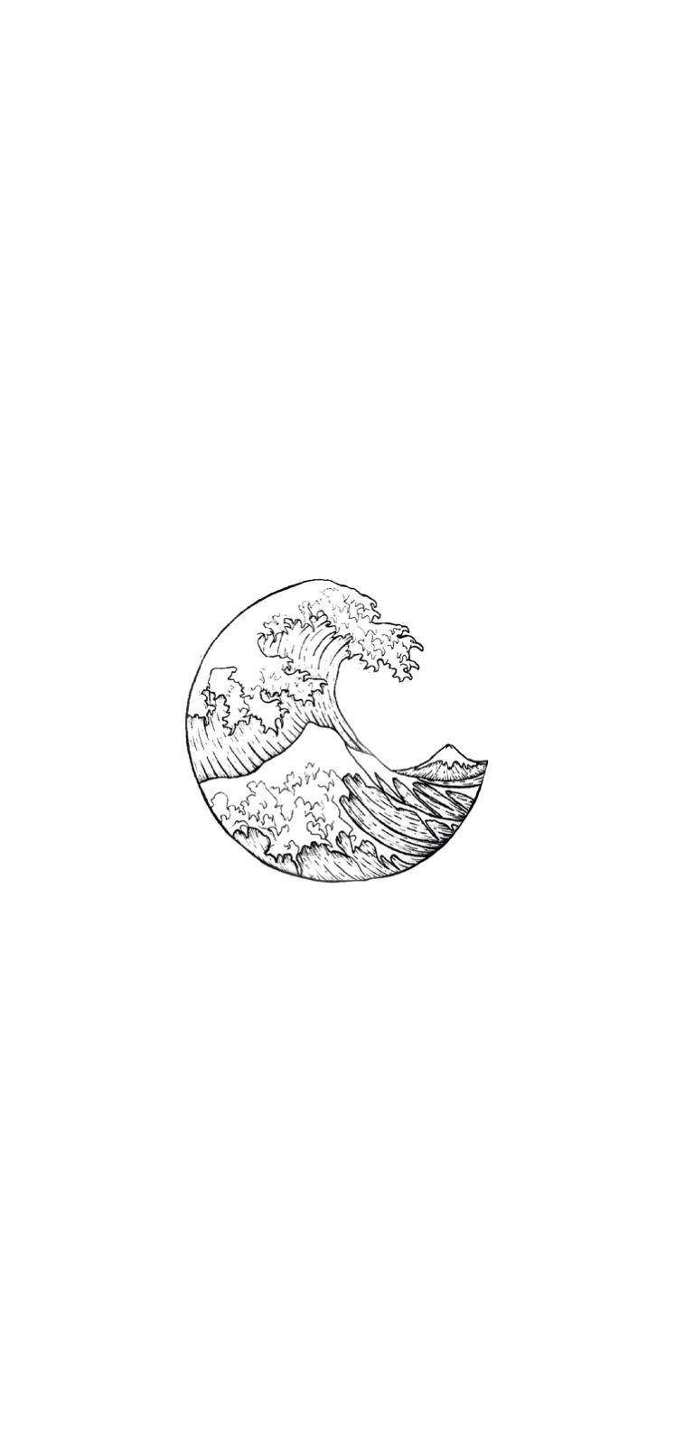 簡約風格巨浪 壁紙 — 一幅極簡黑白線條畫，描繪一個風格化的波浪在純白背景上向上彎曲。