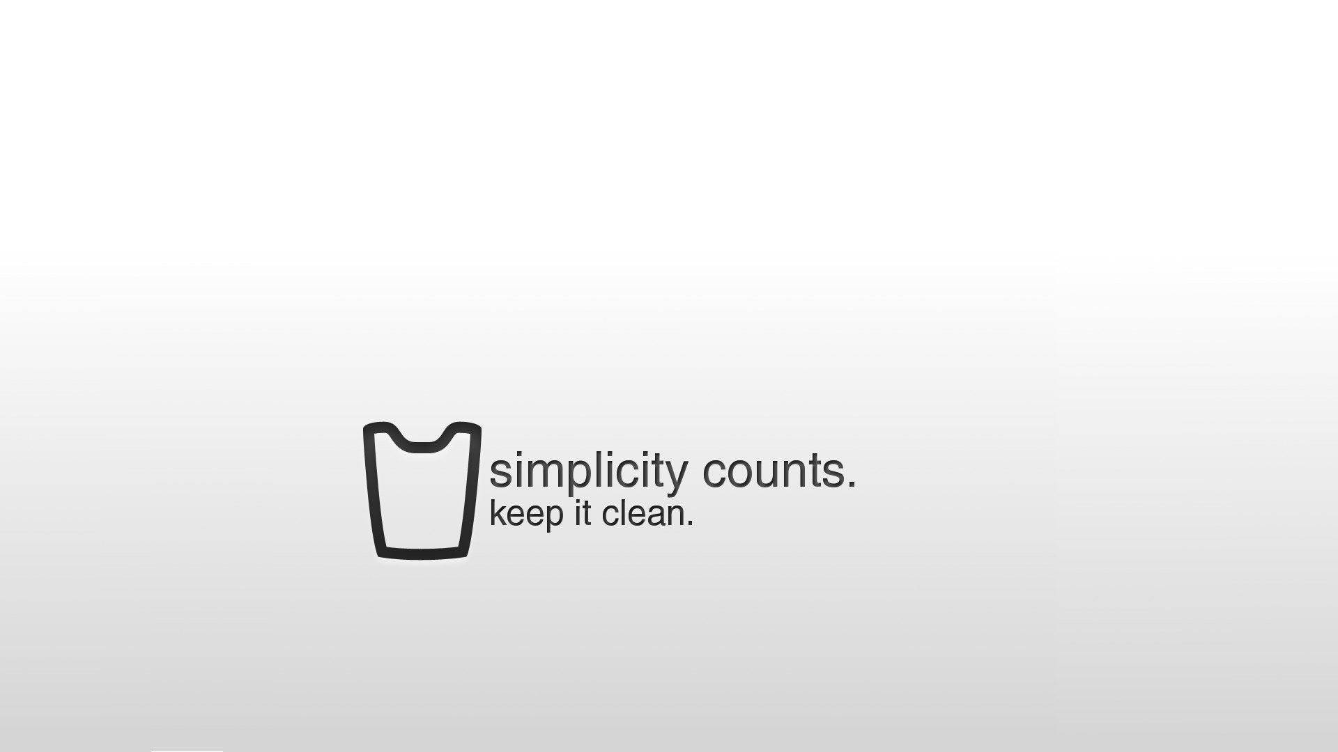 Simple White Aesthetic 桌布 壁紙 — 簡約風格標誌，包含洗衣圖標和文字 simplicity counts keep it clean，背景為漸變灰色。